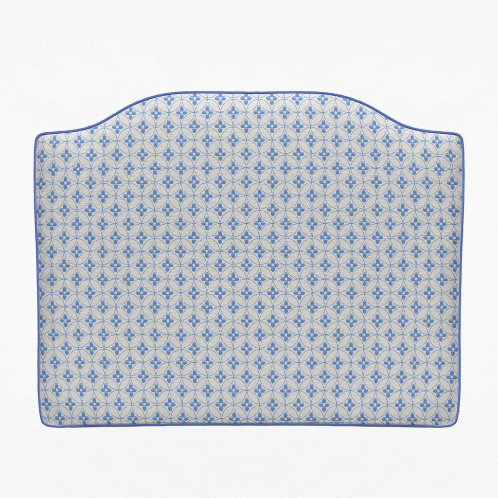 Palmer Delft pattern headboard with blue and white design on a light background