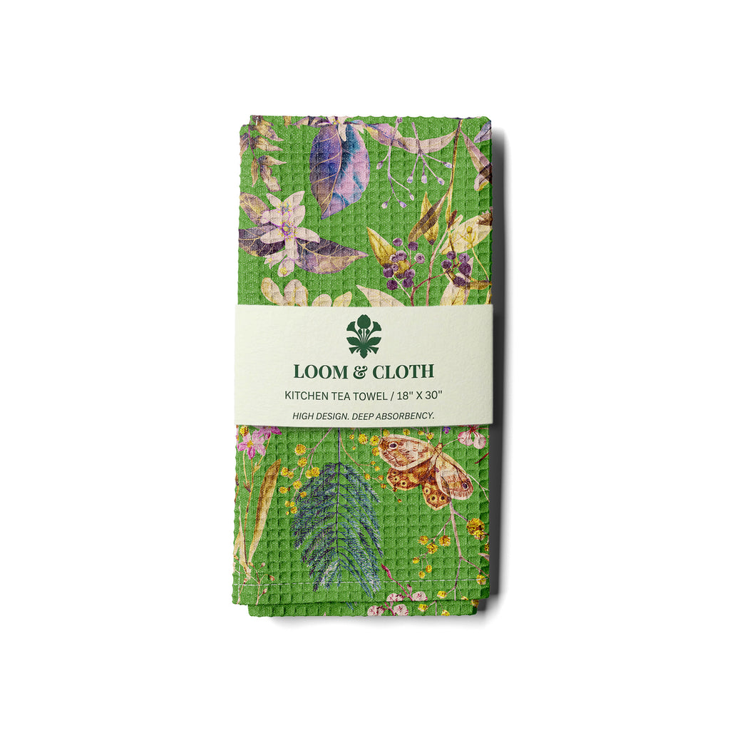 Loom & Cloth kitchen tea towel with floral design on a white background