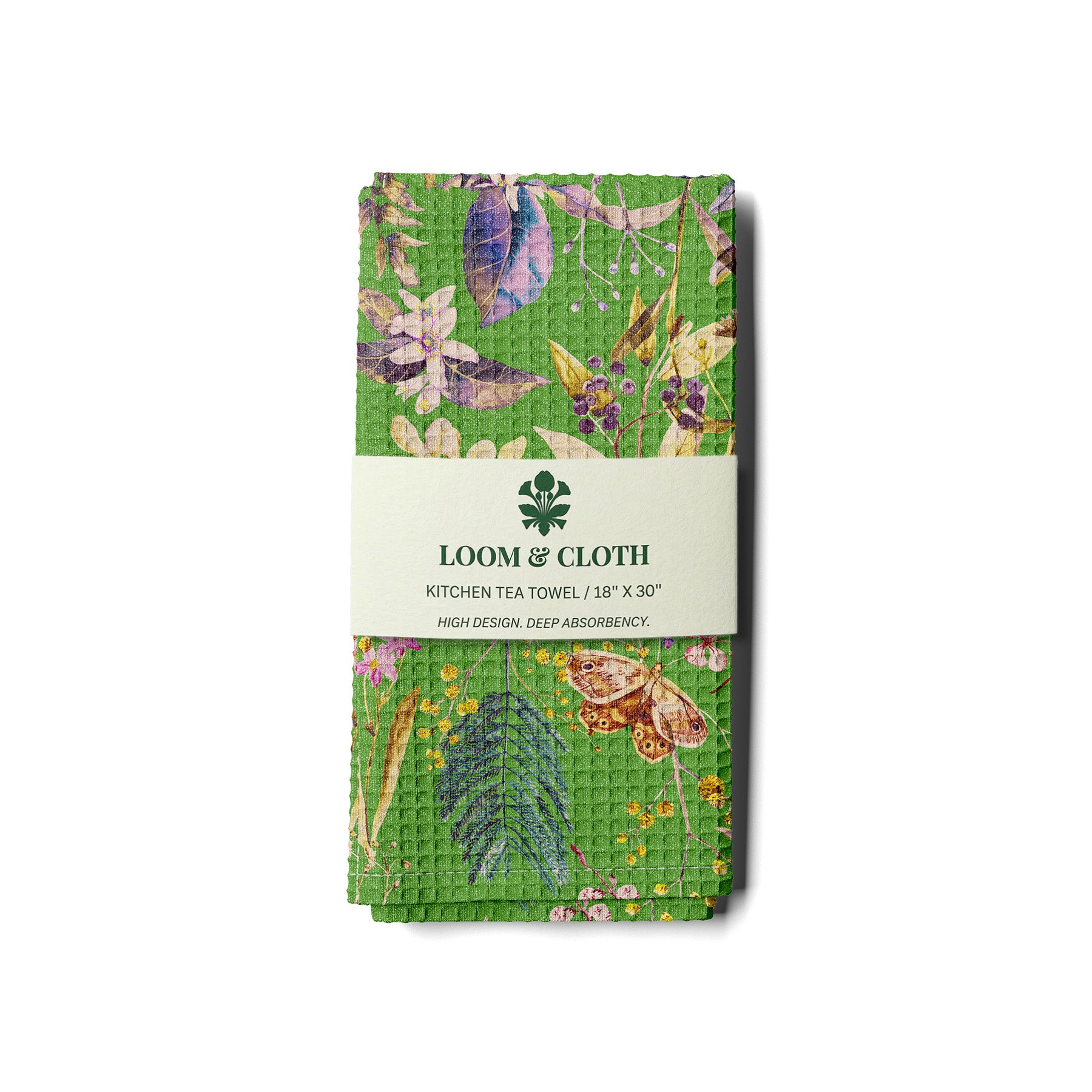 Loom & Cloth kitchen tea towel with floral design on a white background