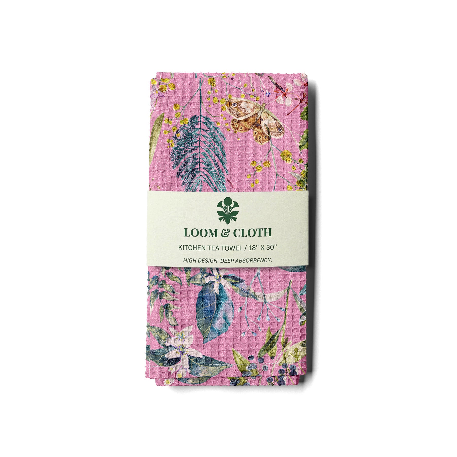 kitchen tea towel with floral design on a white background