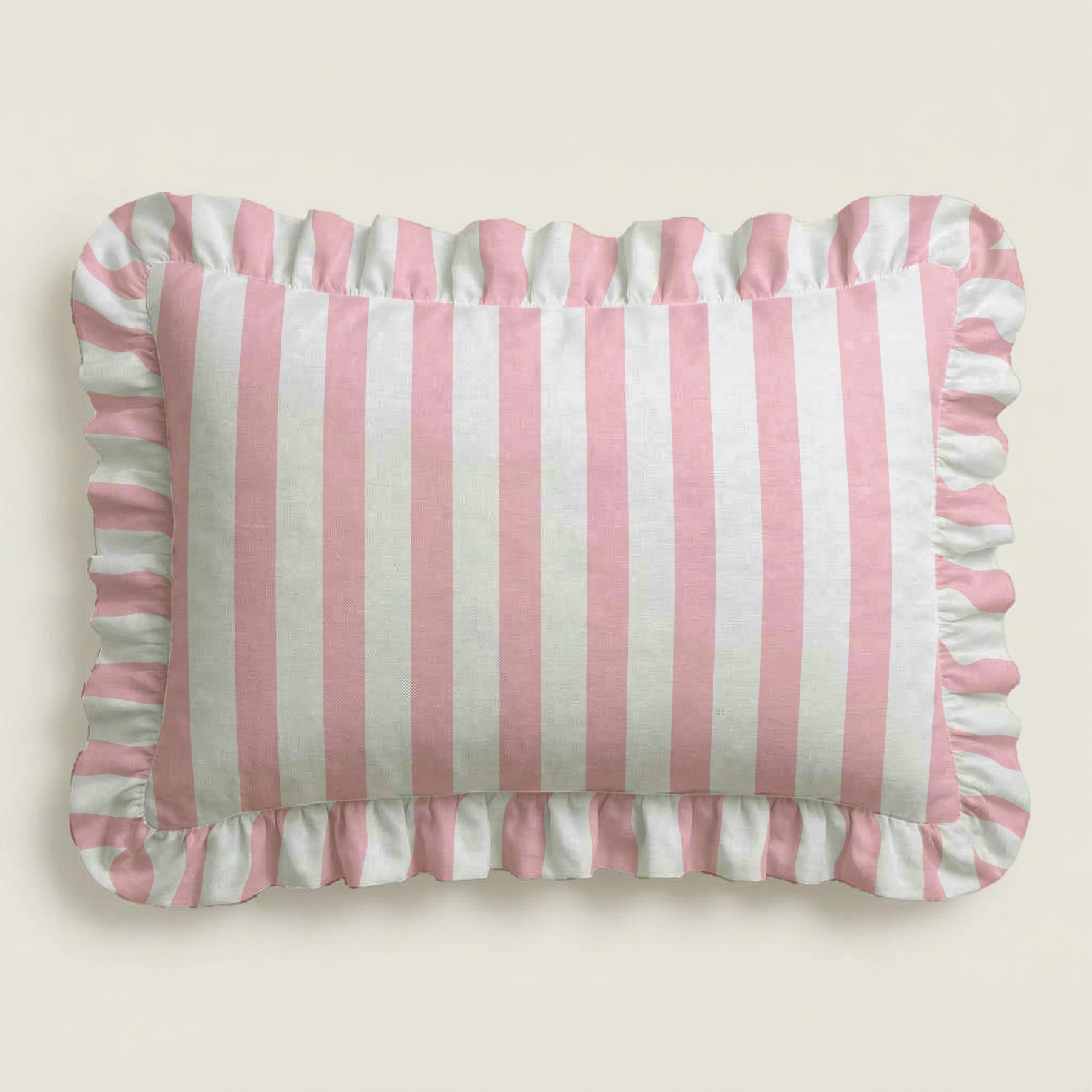 Rectangular pillow with pink and white vertical stripes on a beige background