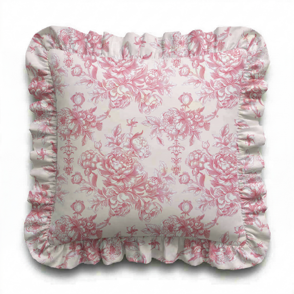 Floral patterned pillow with ruffled edge on a white background