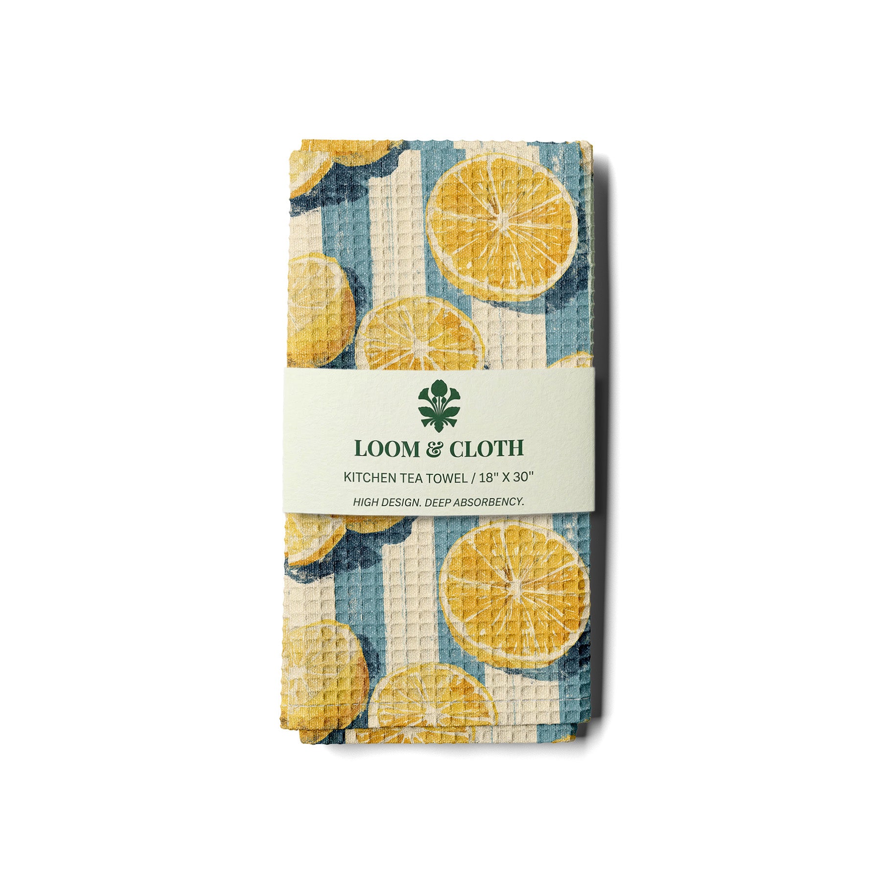 kitchen tea towel with lemon and stripes design on a white background