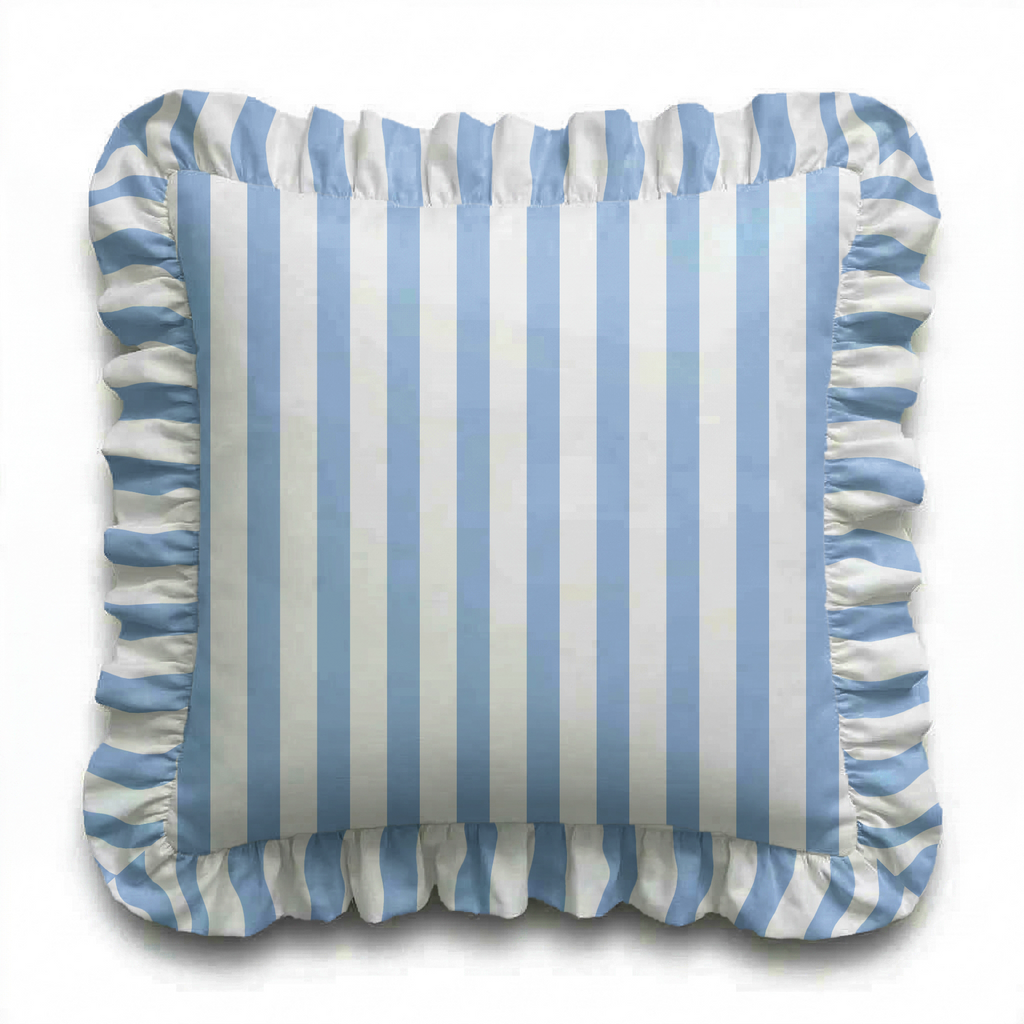 Striped pillow with blue and white horizontal stripes on a white background