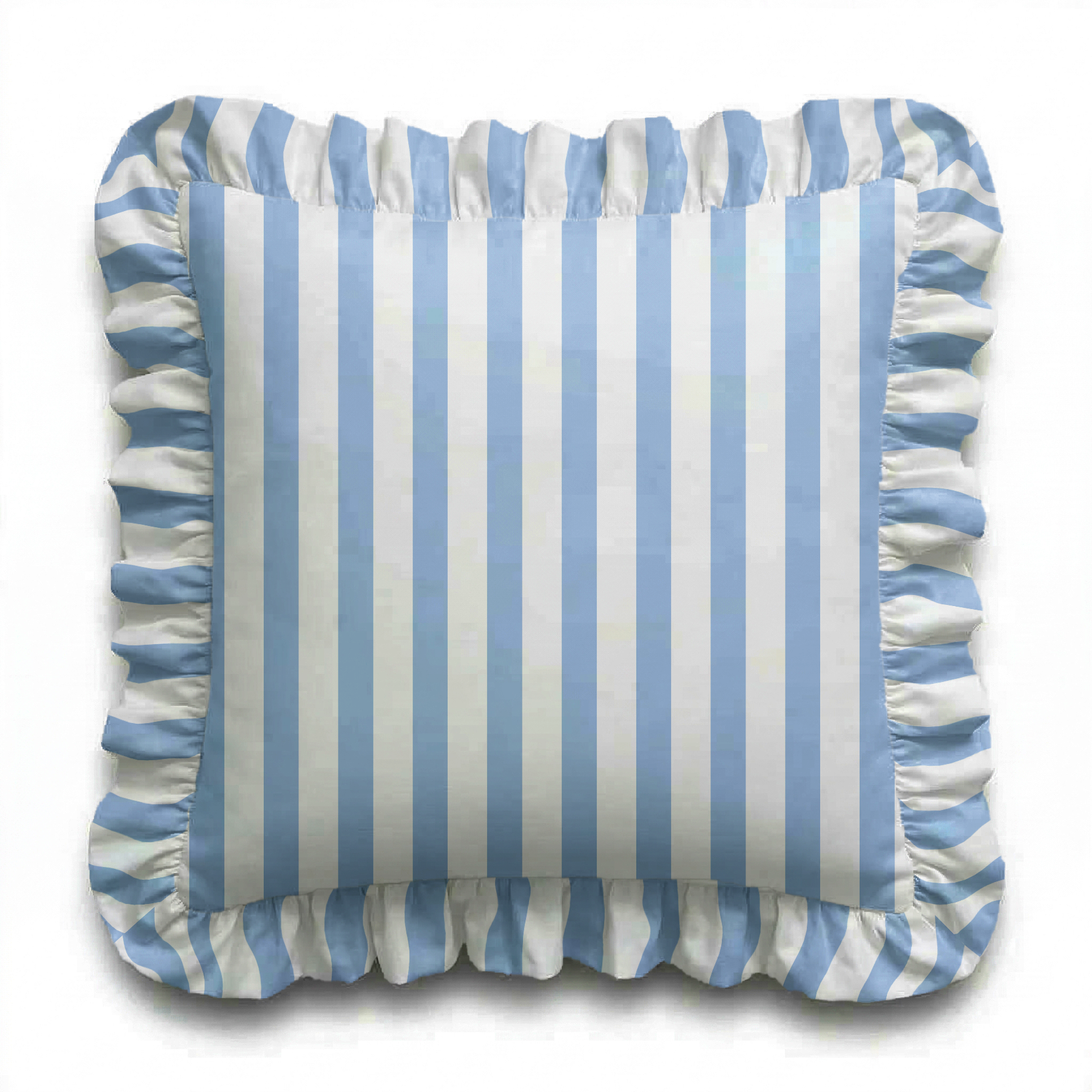 Striped pillow with blue and white horizontal stripes on a white background