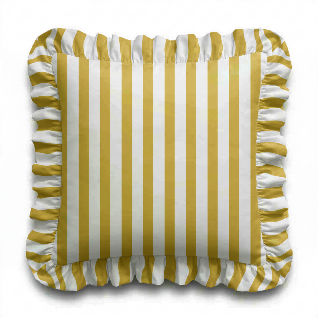 Striped pillow with yellow and white vertical stripes on a white background