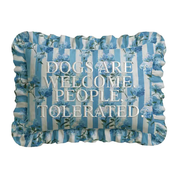 "Dogs Welcome" Ruffled Embroidered Pillow | Statement Pillow