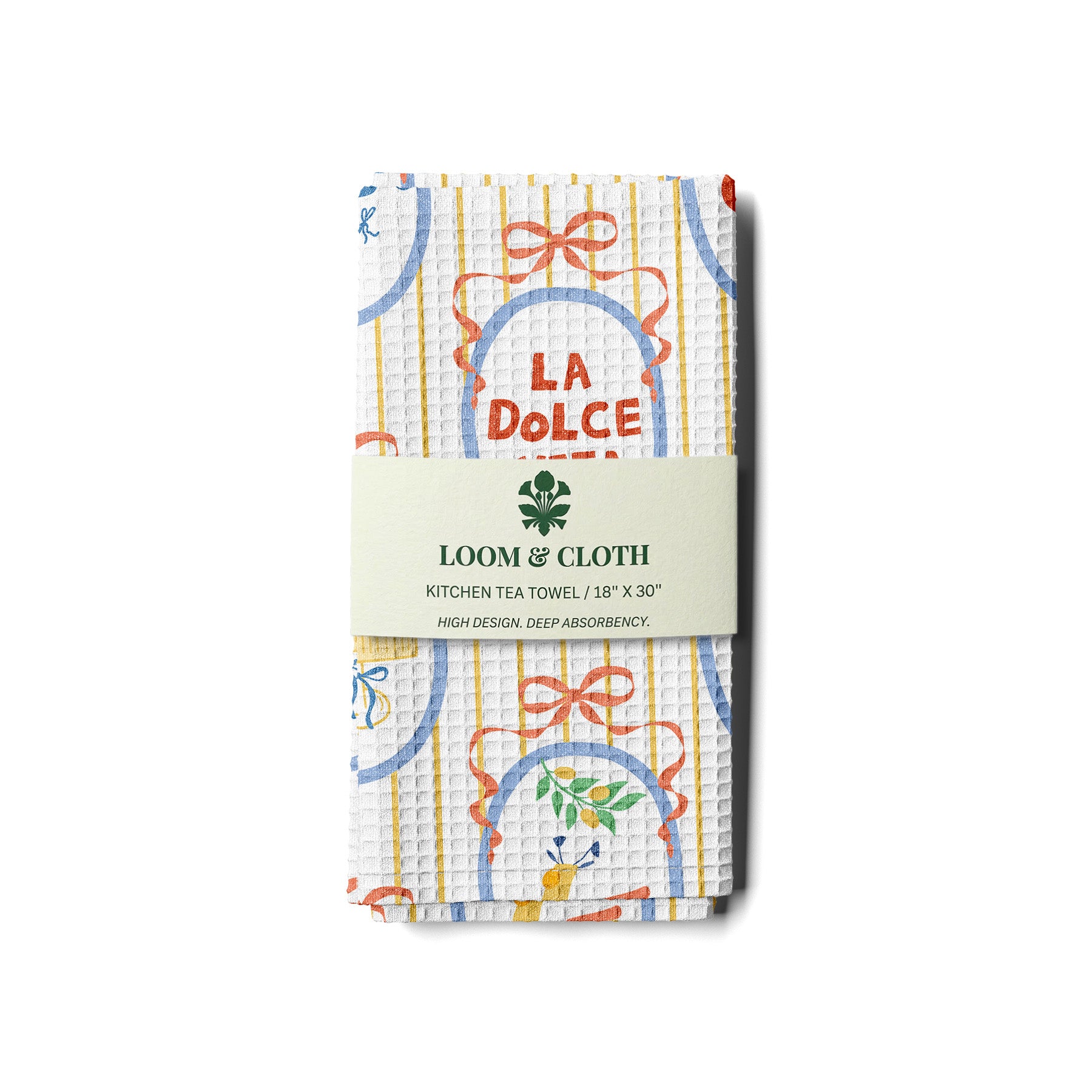 kitchen tea towel with colorful designs and 'La Dolce' branding on a white background.