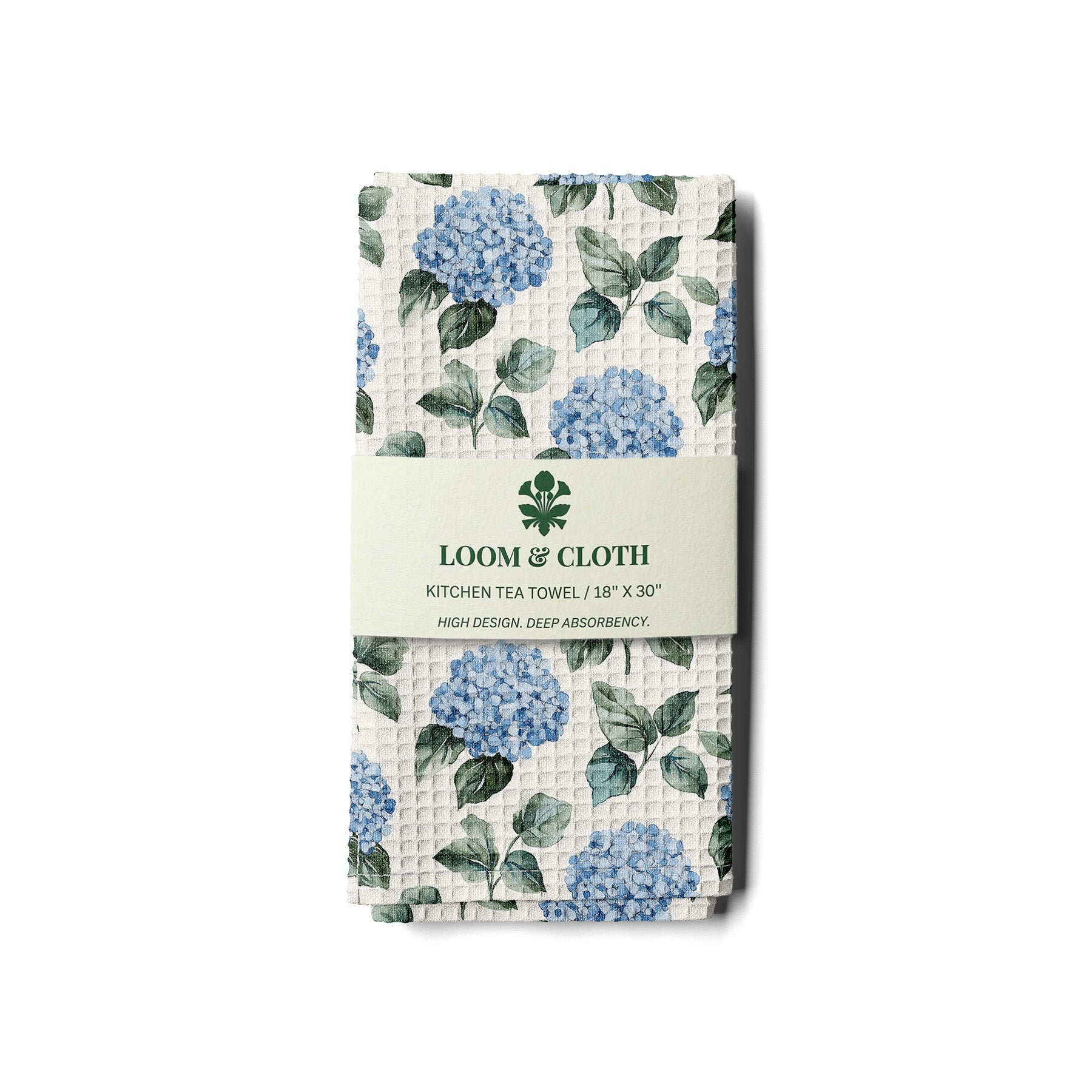 kitchen tea towel with blue floral design on a white background