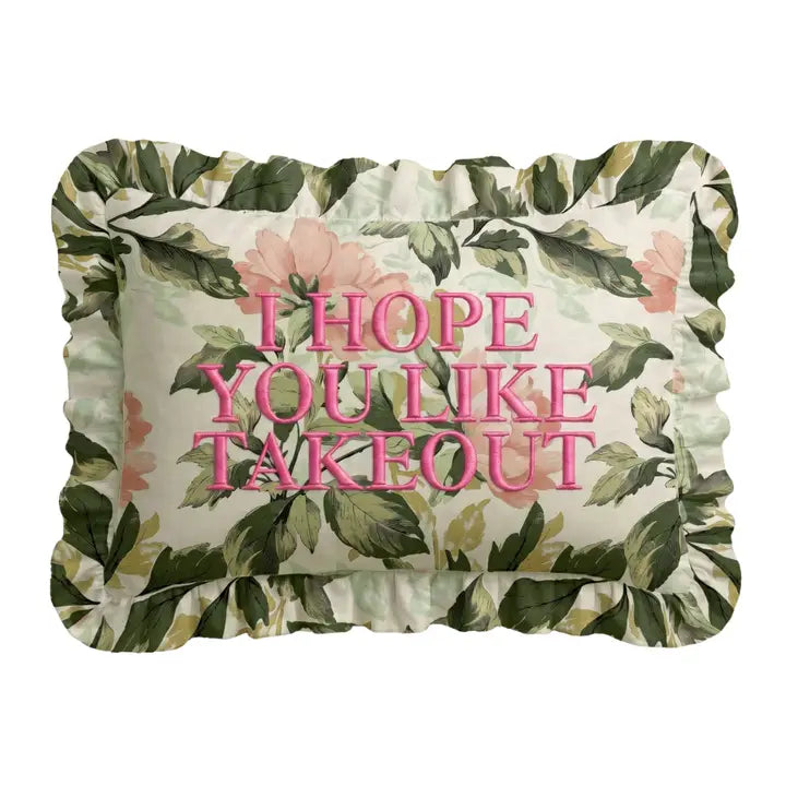 "Takeout" Ruffled Embroidered Pillow | Statement Pillow