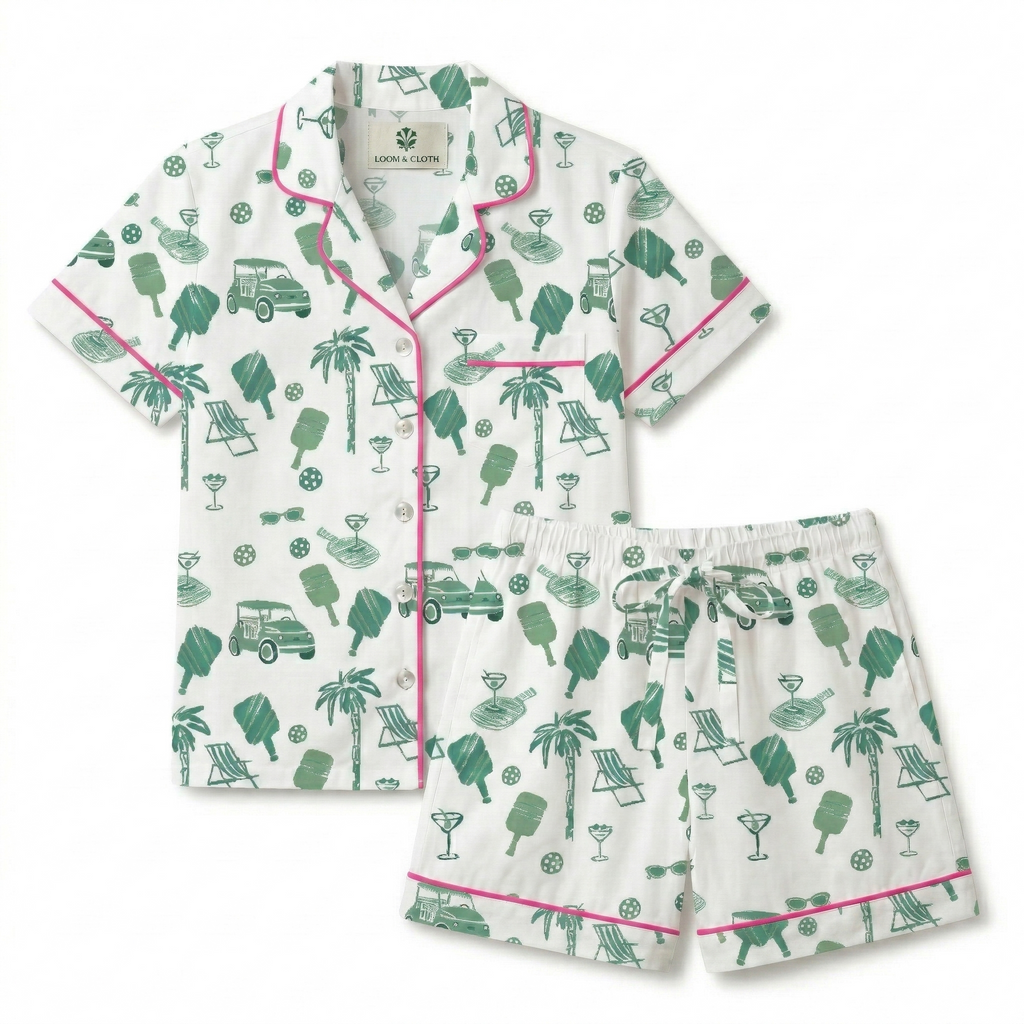 Children's pajama set with tropical pattern on a white background