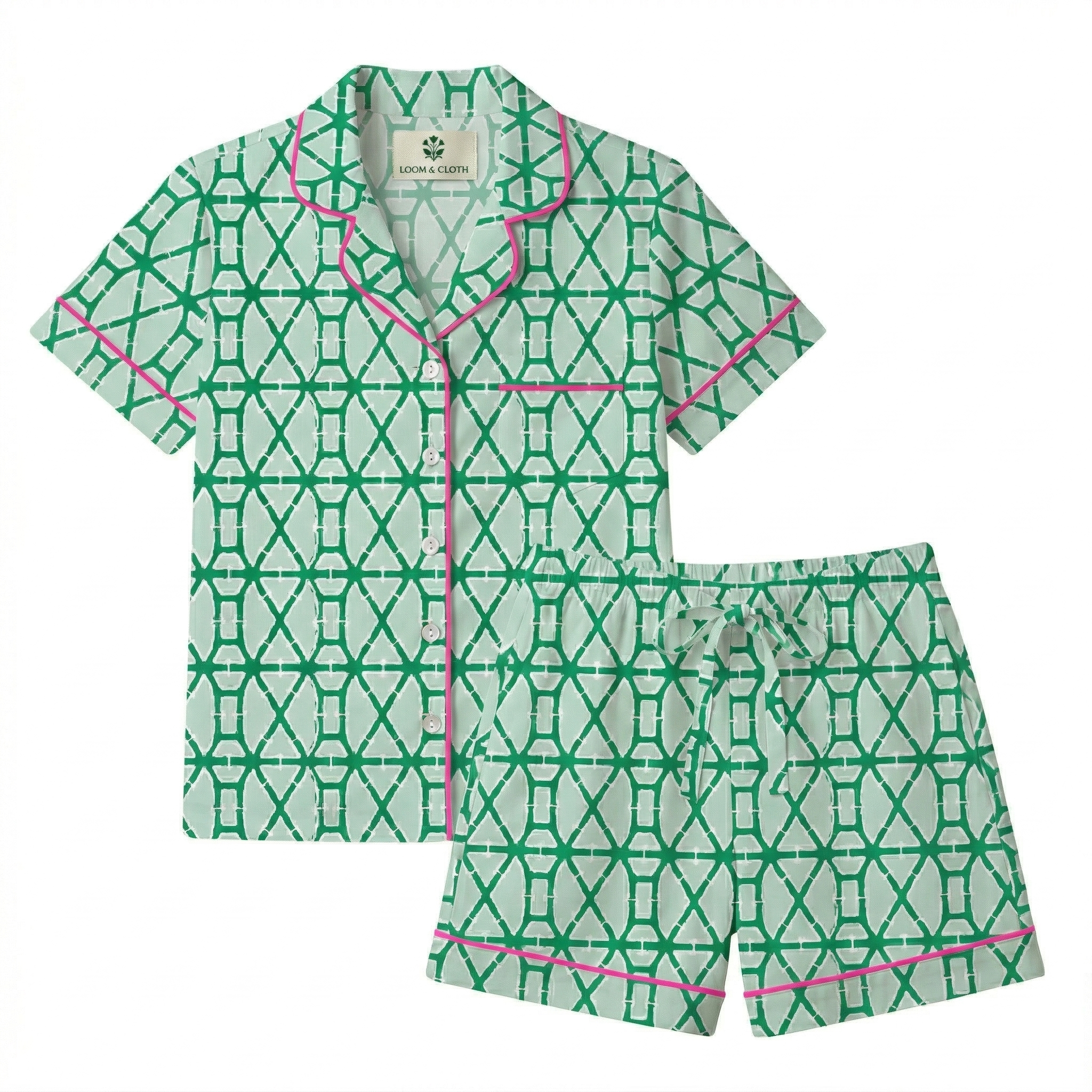 Green and white patterned pajama set with pink accents on a white background