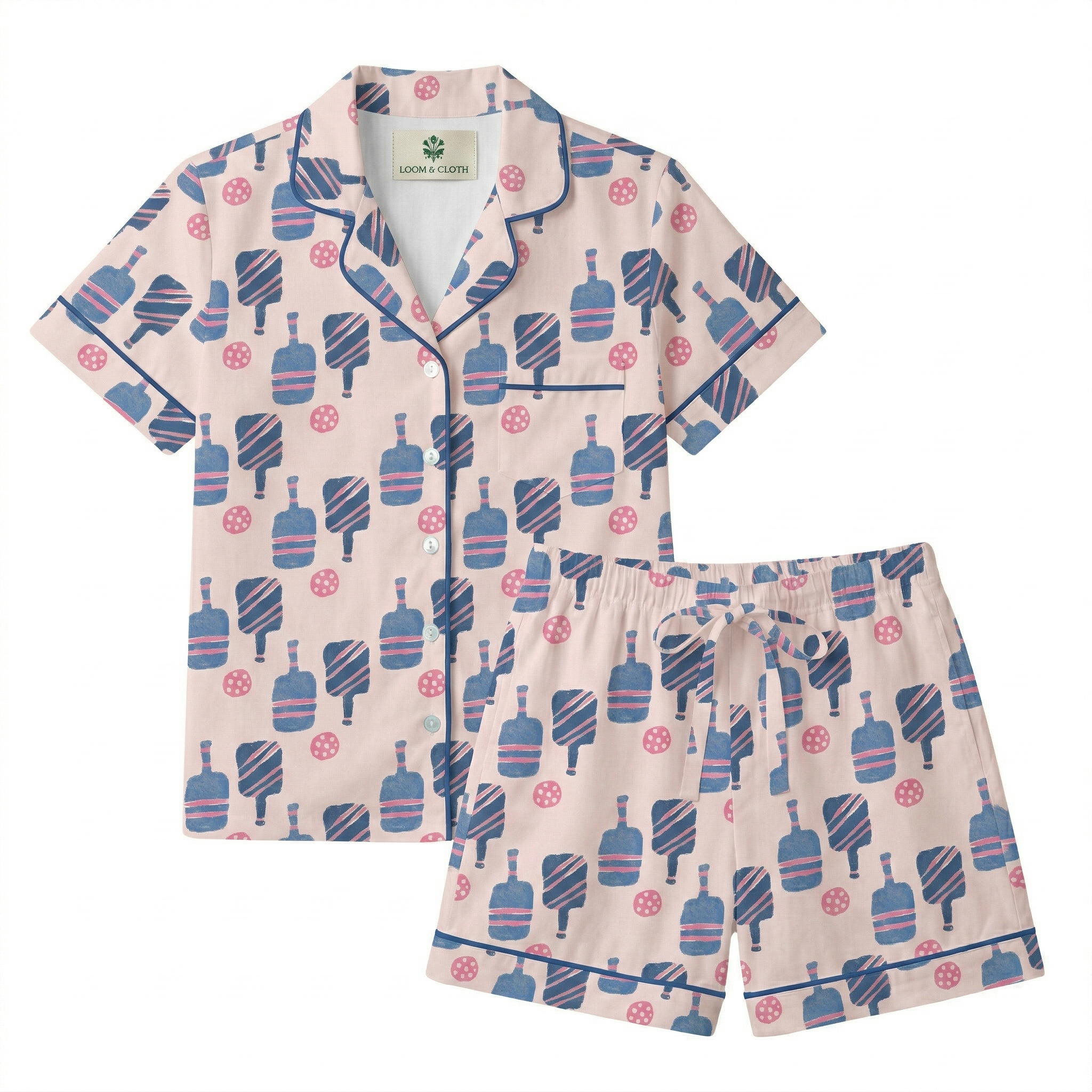 Patterned pajama set with a shirt and shorts on a white background