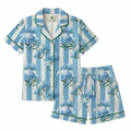 Blue and white striped pajama set with floral patterns on a white background