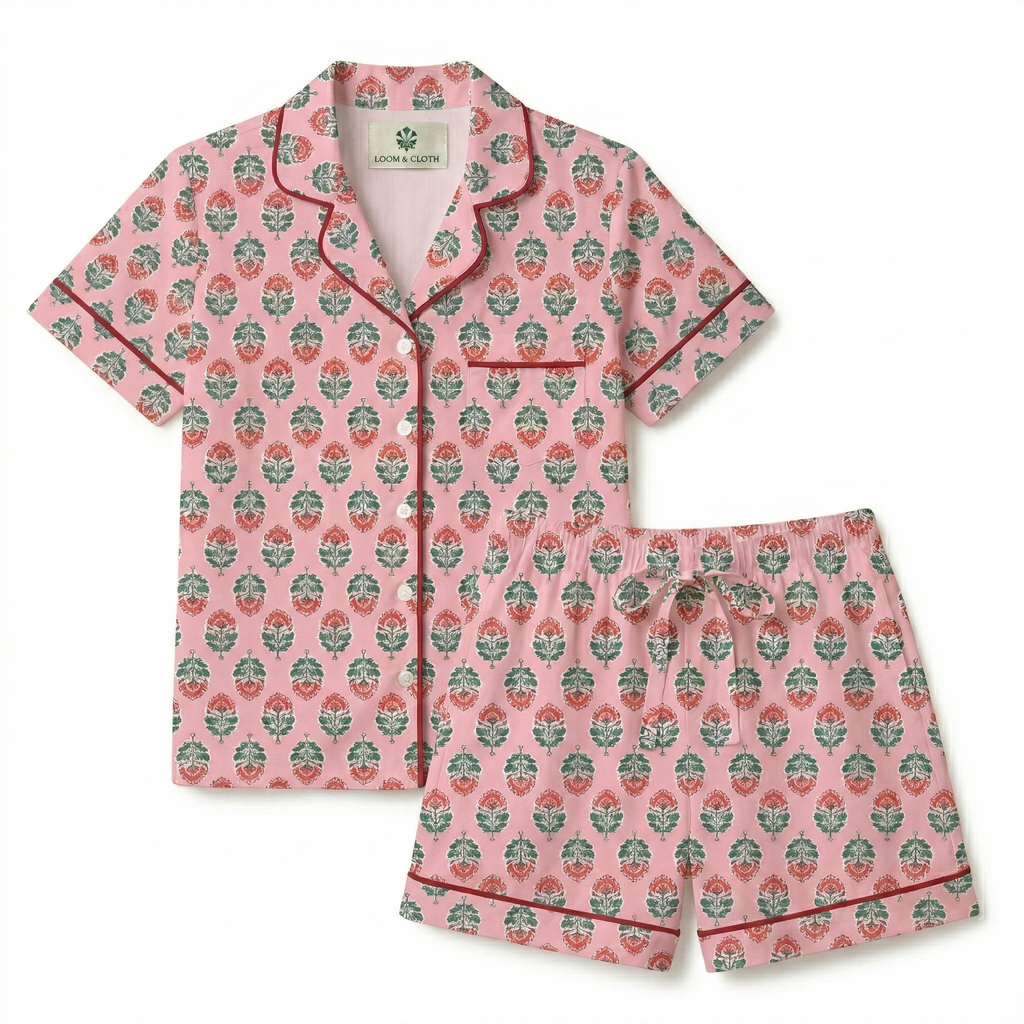 Pink floral pajama set on a white background