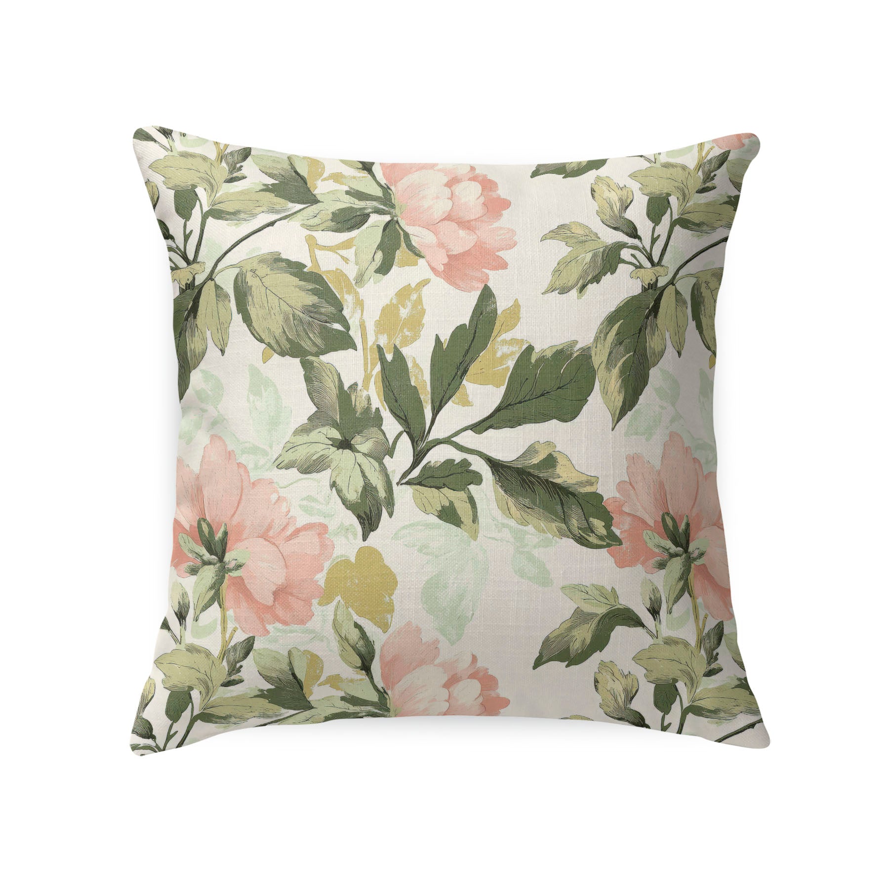 Eileen pattern pillow with pink and green flowers on a white background