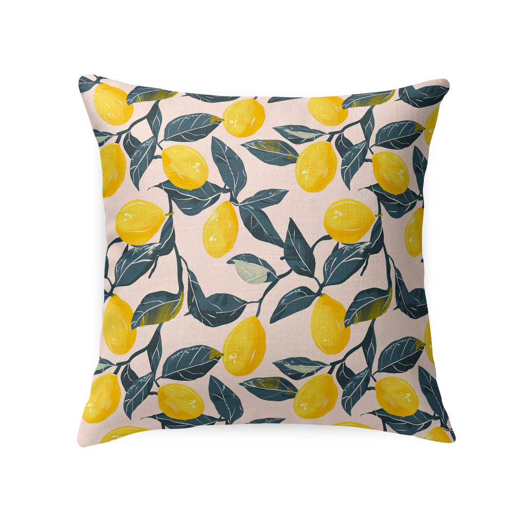 Decorative square pillow with Lemon Pink pattern on a white background
