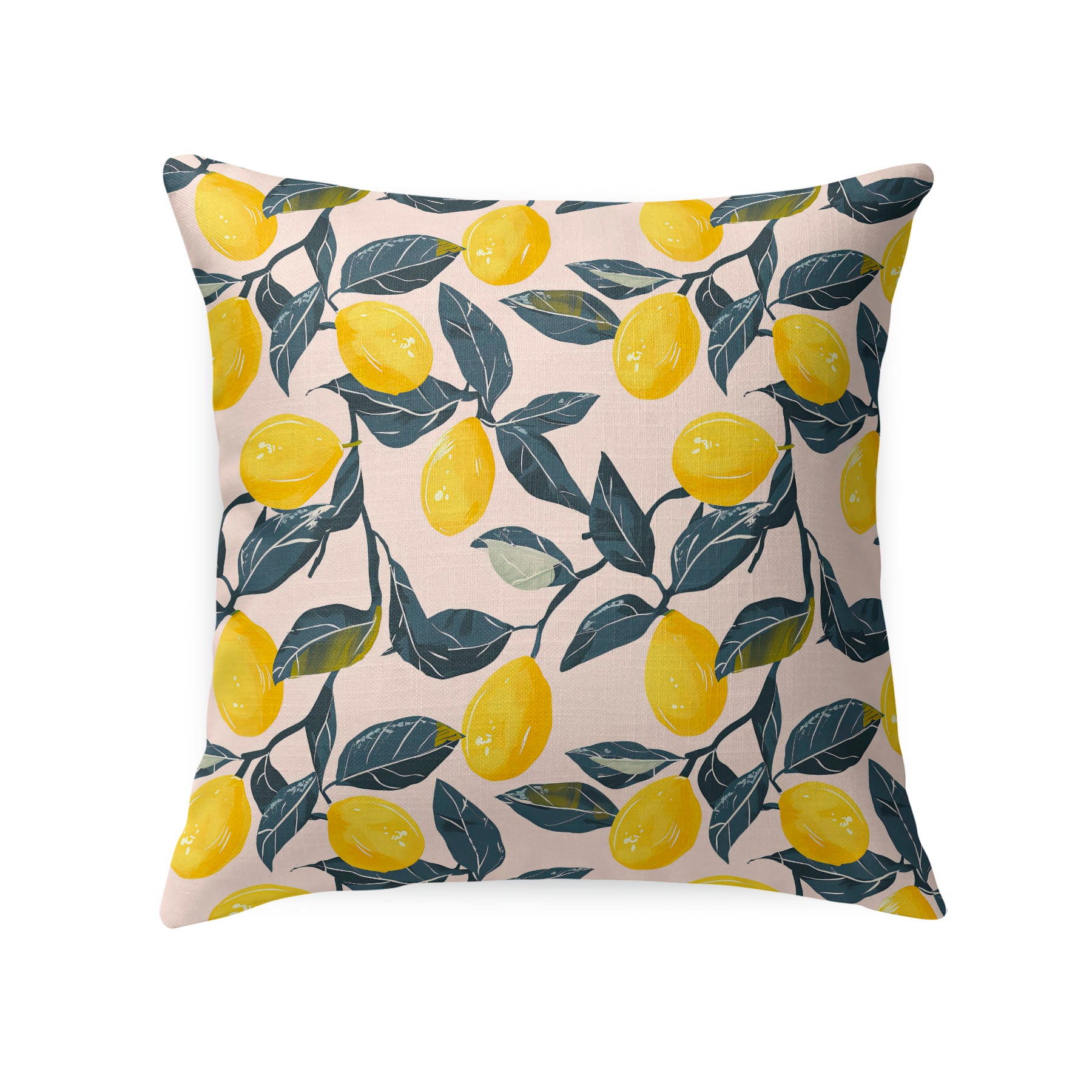 Decorative square pillow with Lemon Pink pattern on a white background