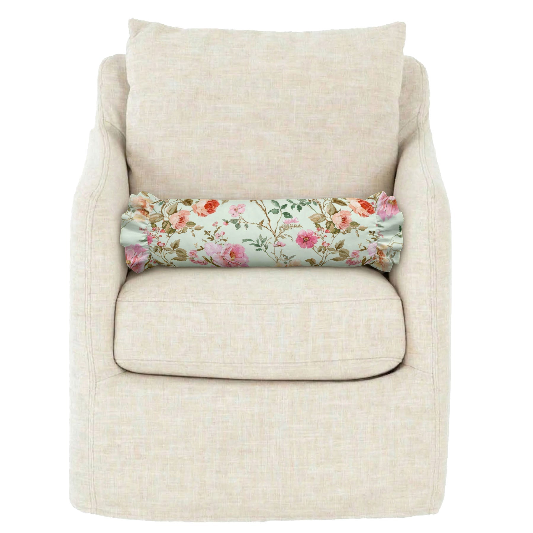 Beige armchair with a floral-patterned cushion on a white background