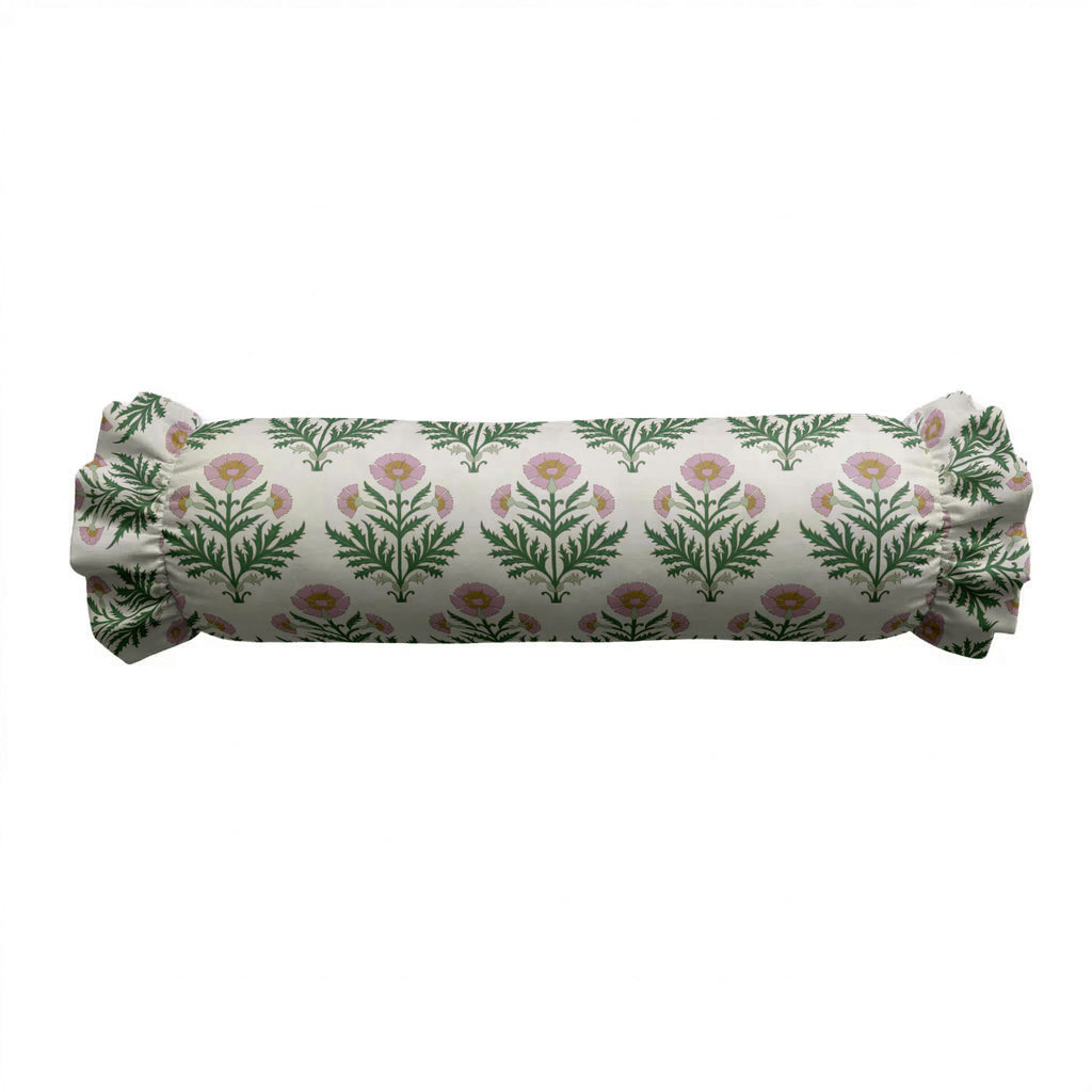 Roll-shaped pillow with yellow and white stripes on a white background