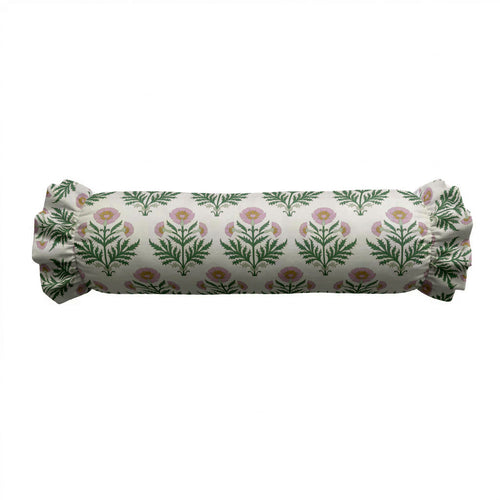 Roll-shaped pillow with yellow and white stripes on a white background