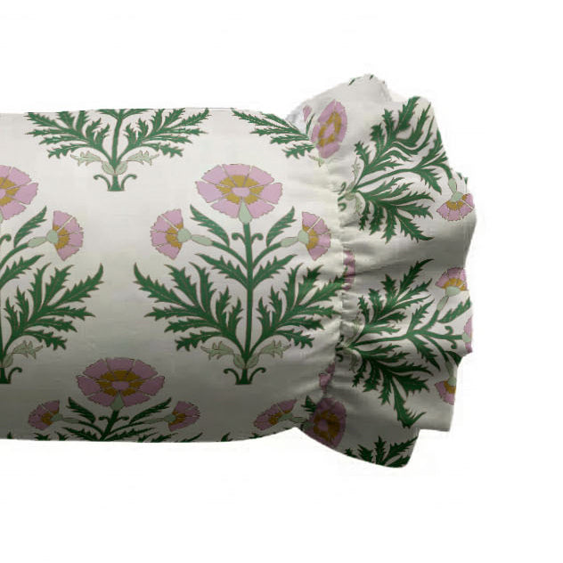 Floral and leaf patterned fitted sheet on a white background