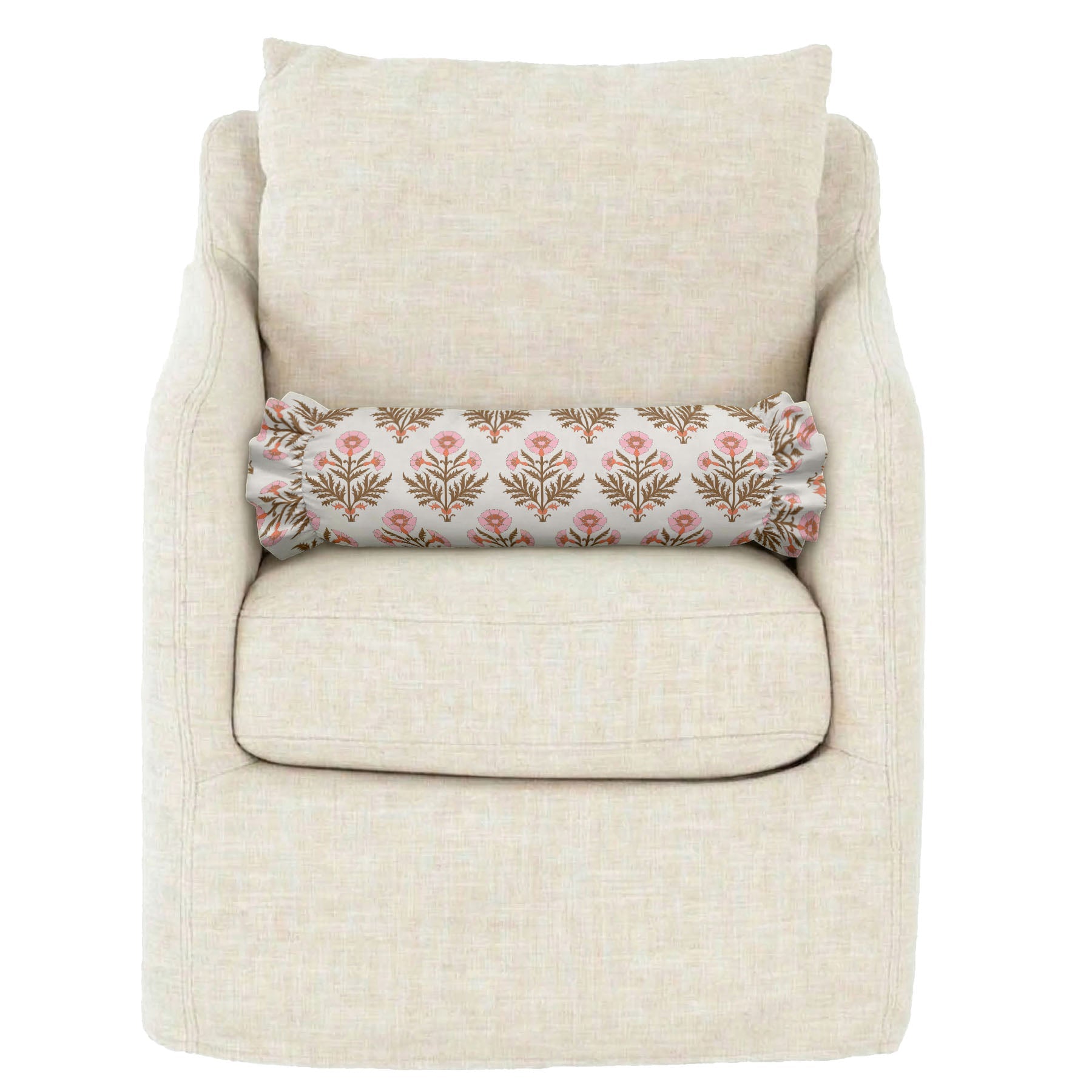 Beige armchair with a floral-patterned cylindrical pillow on a white background