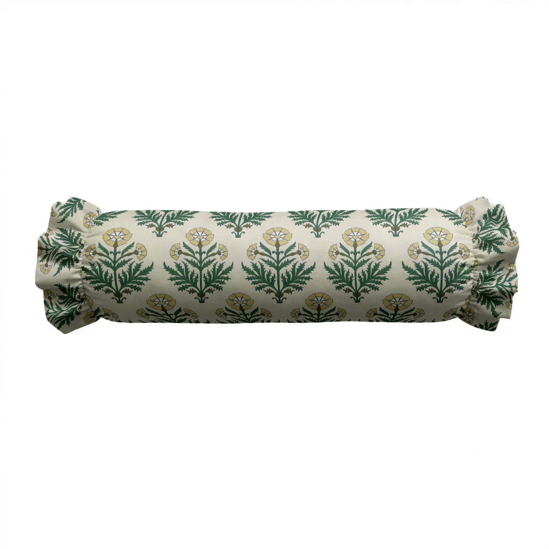 Rolled-up fabric with green leaf pattern on a white background