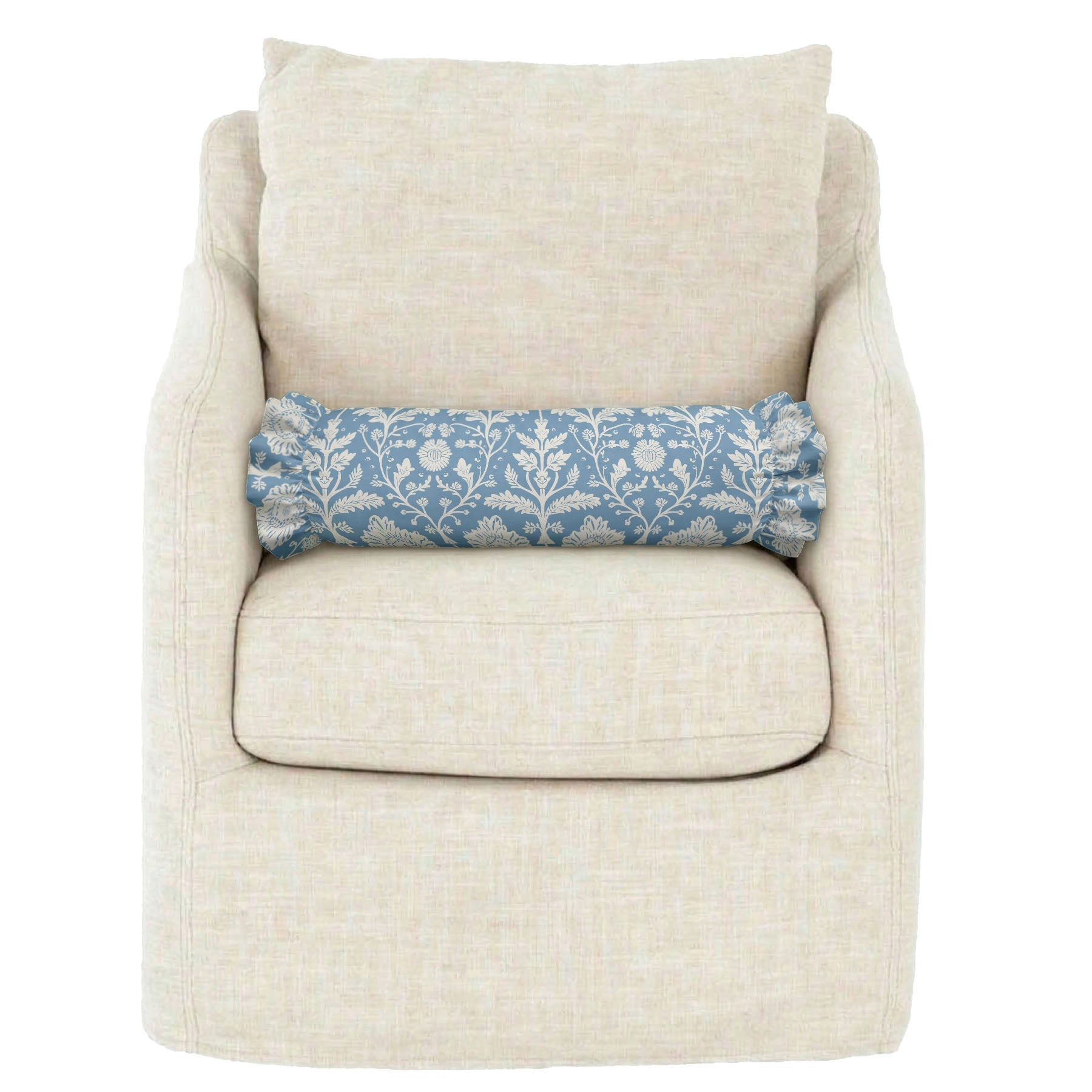 Beige armchair with a blue floral-patterned pillow on a white background