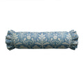 Blue cylindrical pillow with floral pattern on a white background