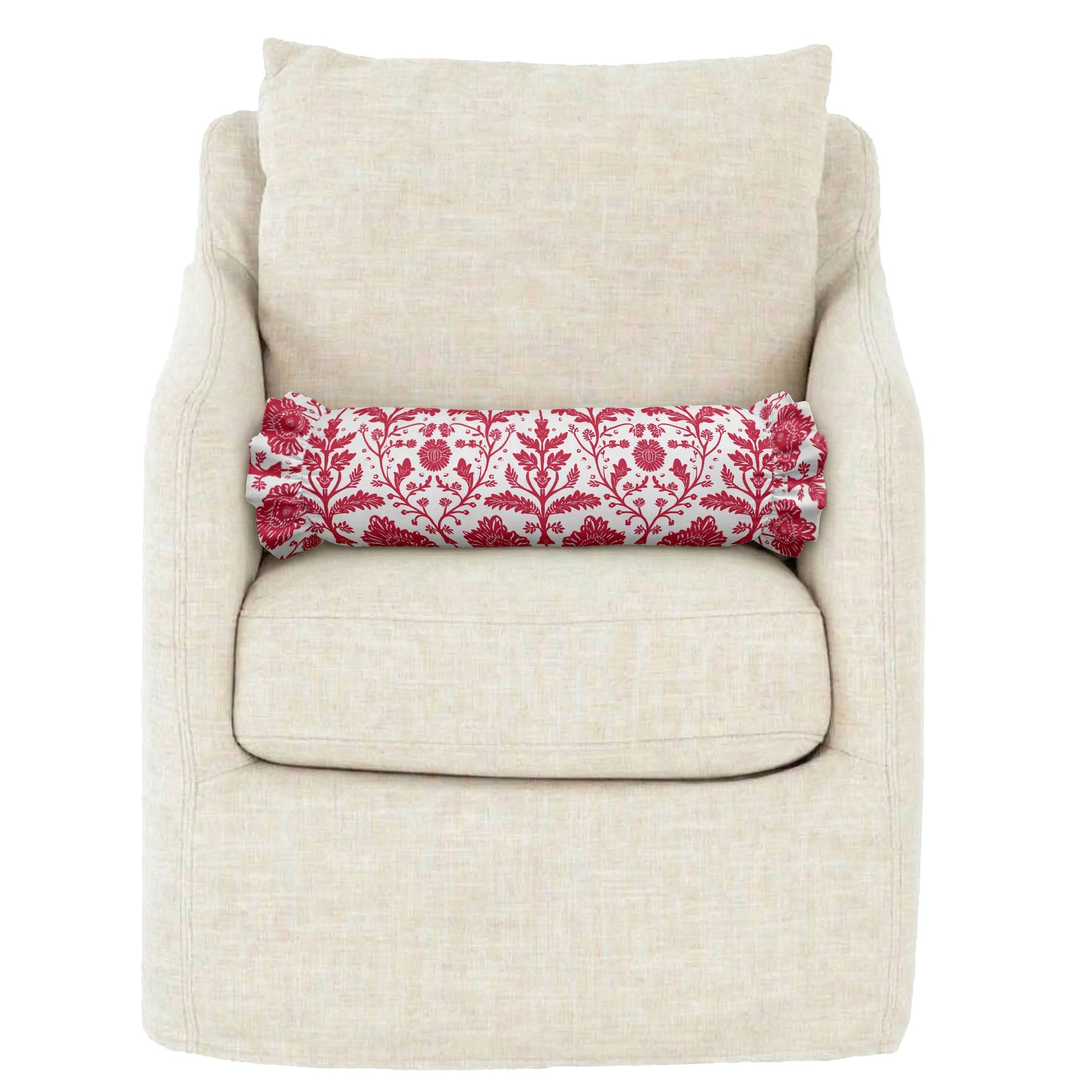 Beige armchair with a red and white patterned cylindrical pillow on a white background