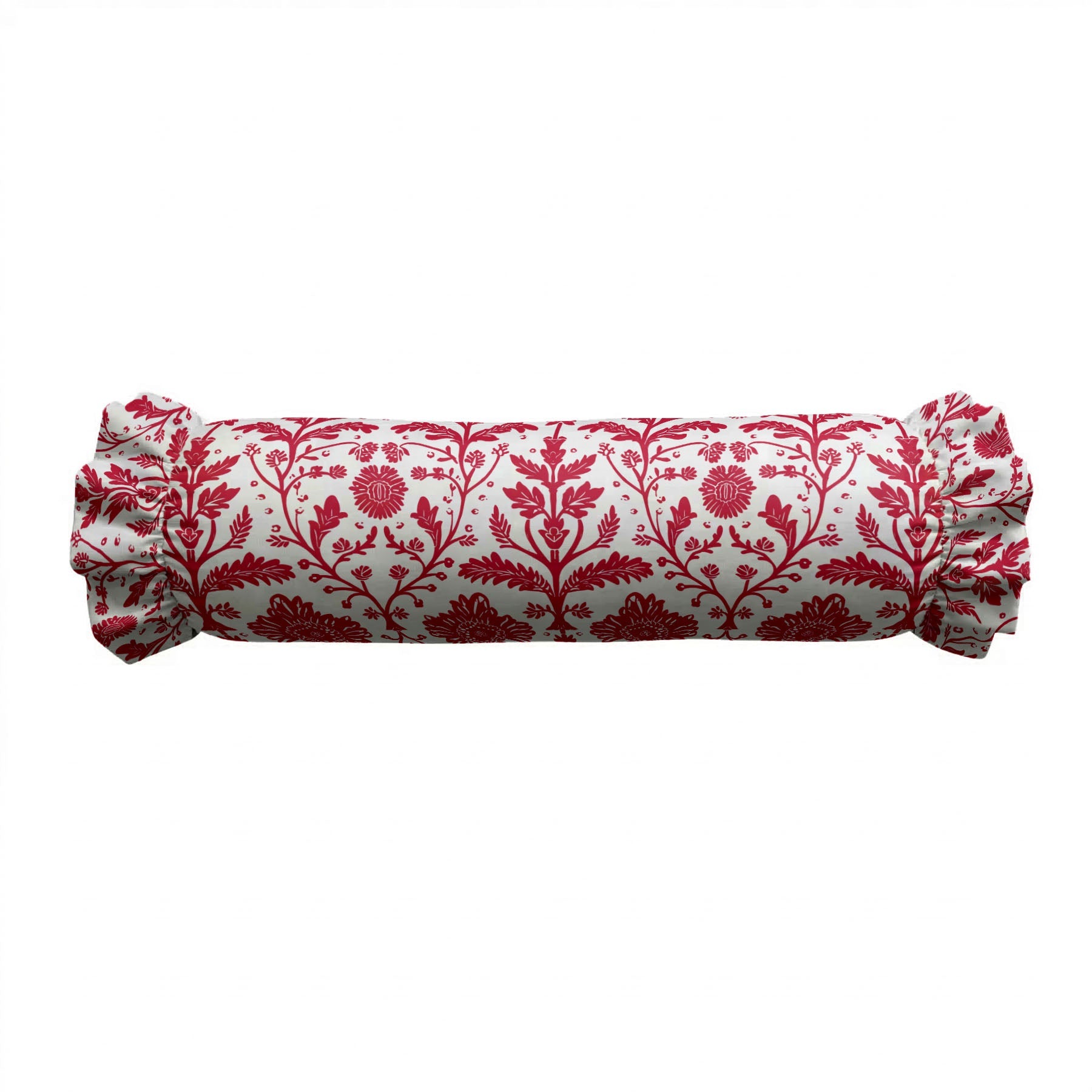 Roll of fabric with red floral pattern on a white background