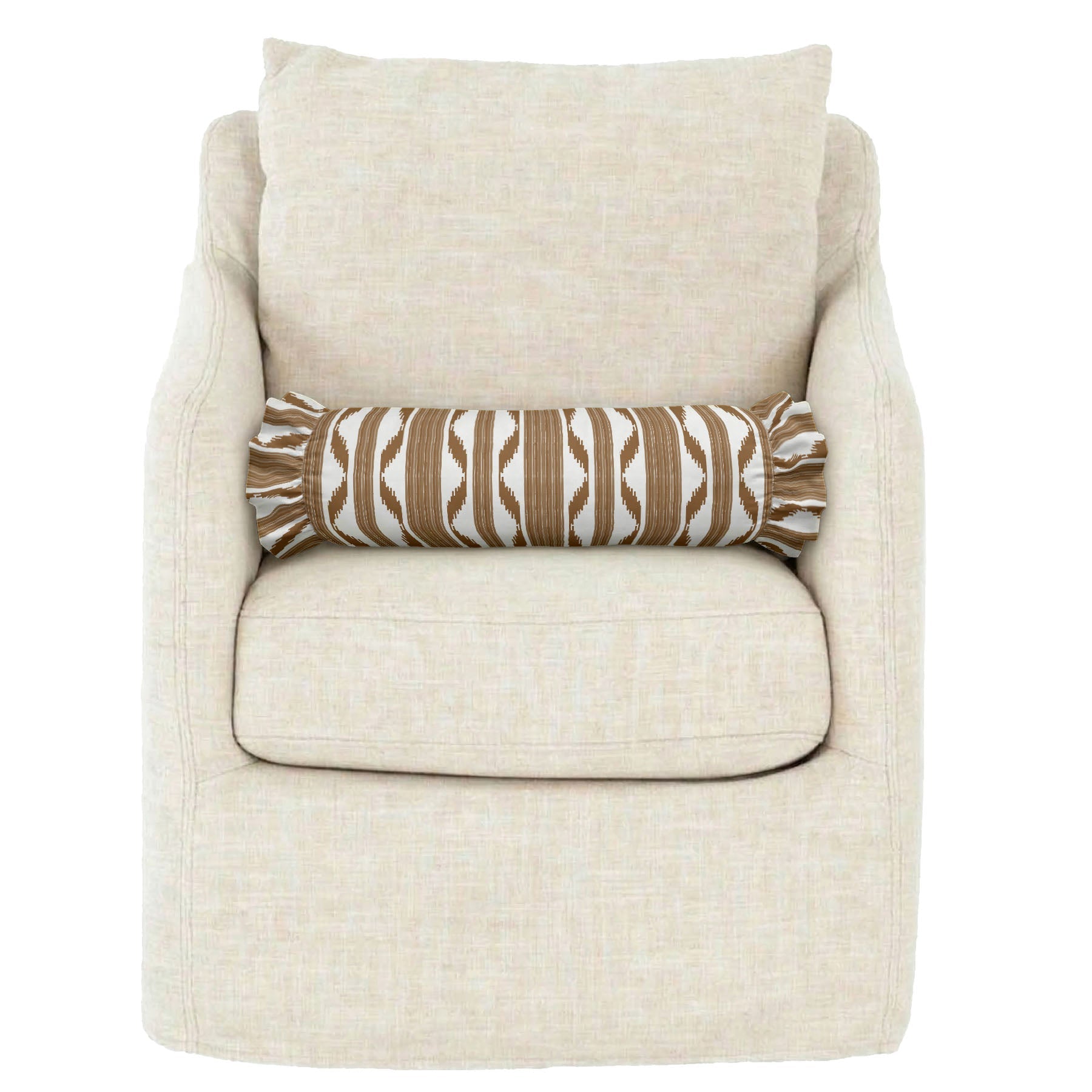 Beige armchair with a decorative pillow on a white background