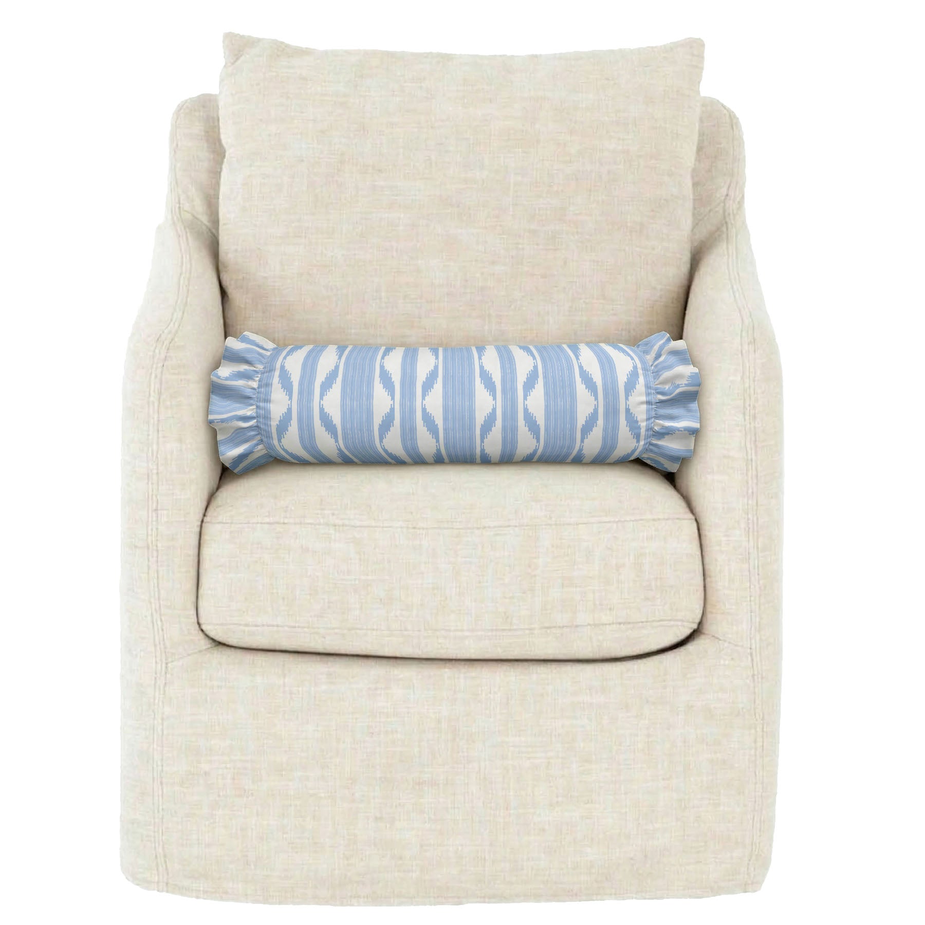 Beige armchair with a blue and white patterned cylindrical pillow on a white background