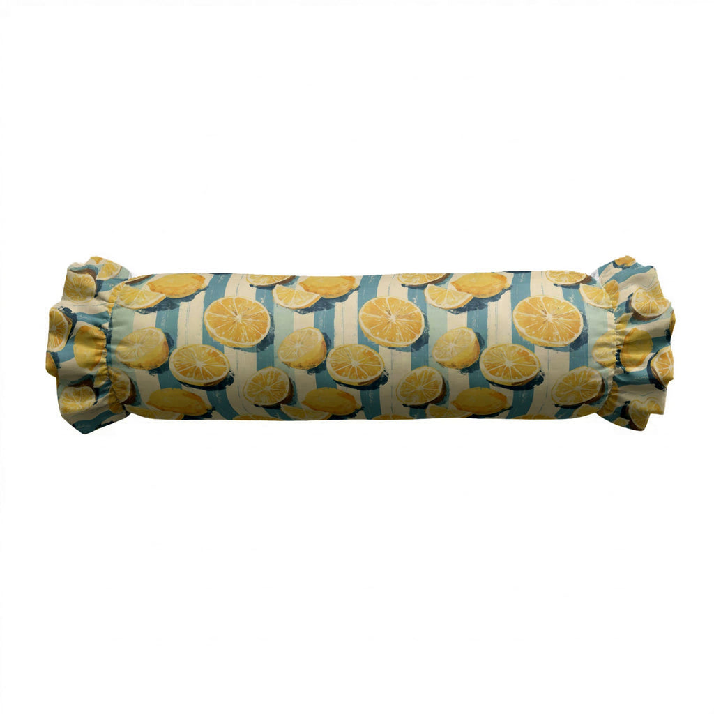 Roll-shaped pillow with lemon pattern on a white background