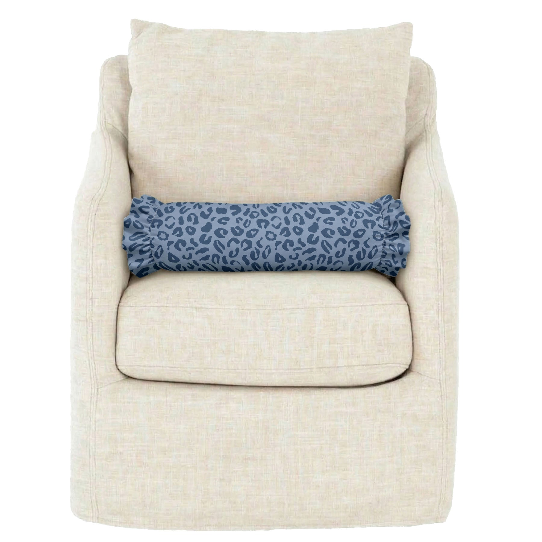 Beige armchair with a blue patterned blanket on a white background