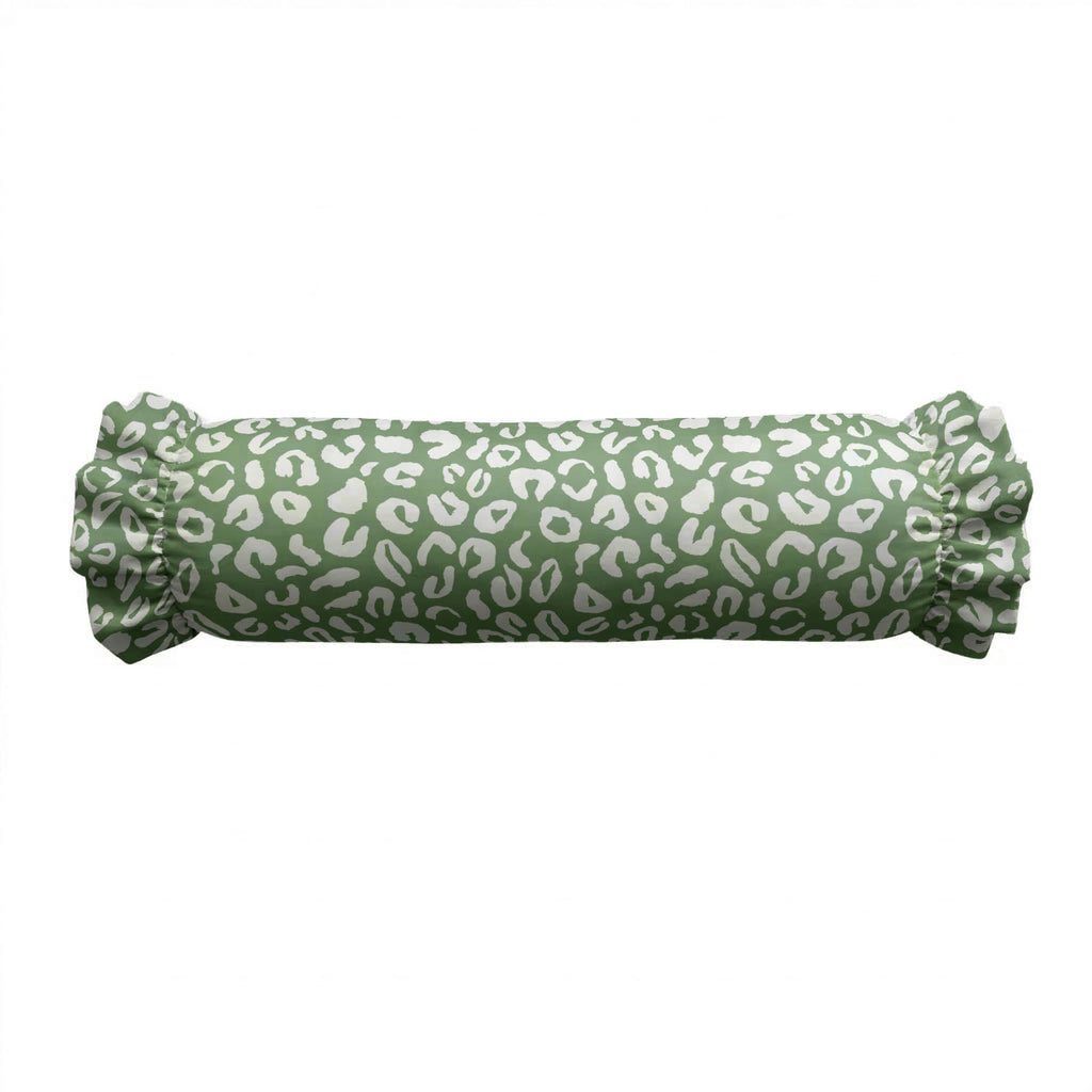 Green cylindrical pillow with white leopard print pattern on a white background