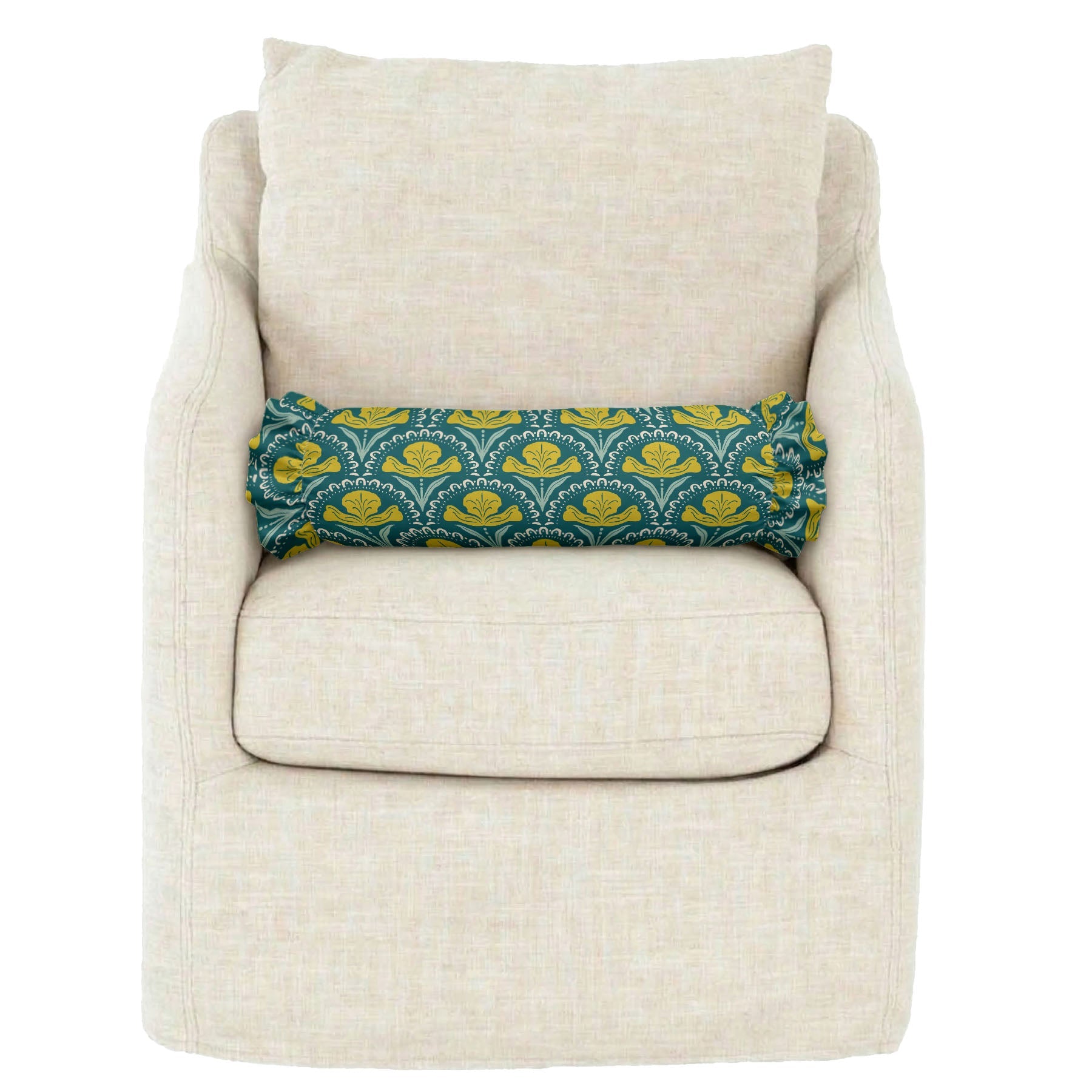 Beige armchair with a decorative pillow featuring blue and yellow patterns on a white background