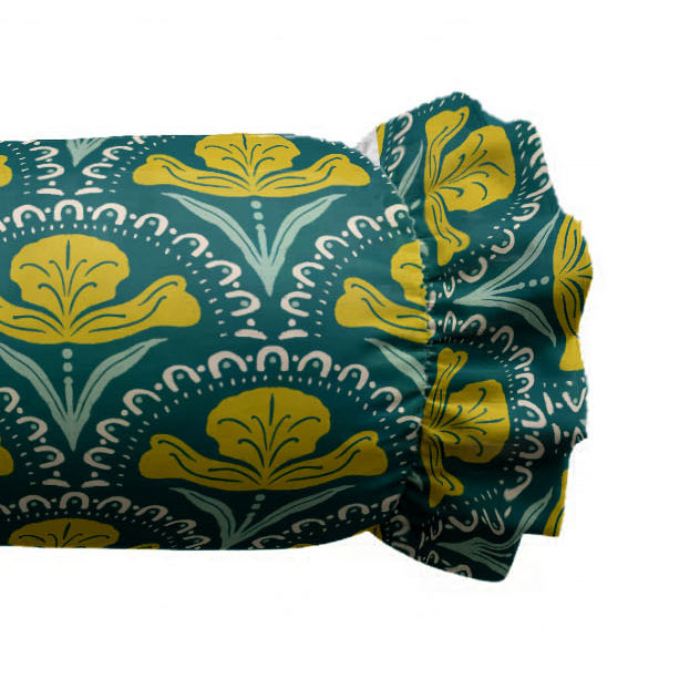 Patterned fabric with yellow and green design on a white background