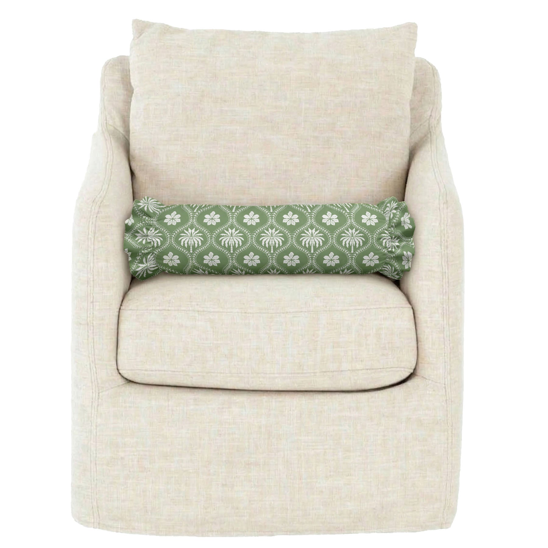 Beige armchair with a decorative pillow on a white background