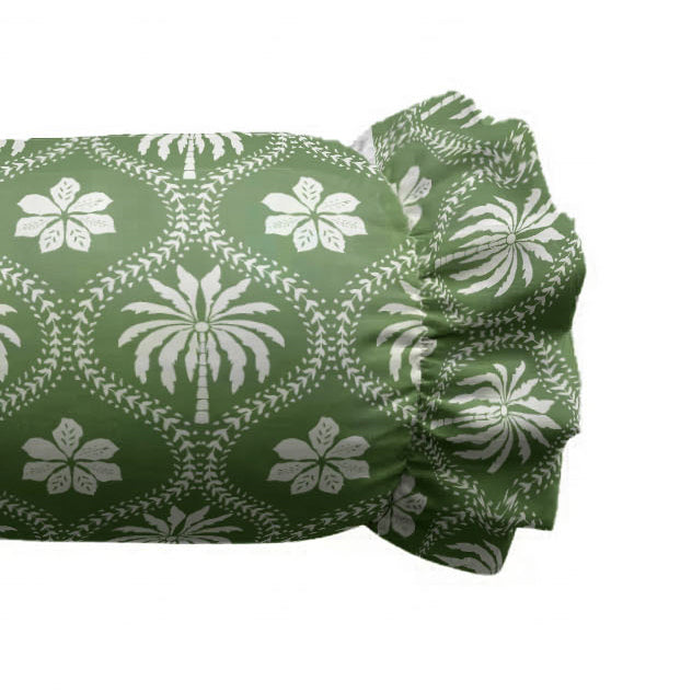 Green fabric with white floral patterns on a white background