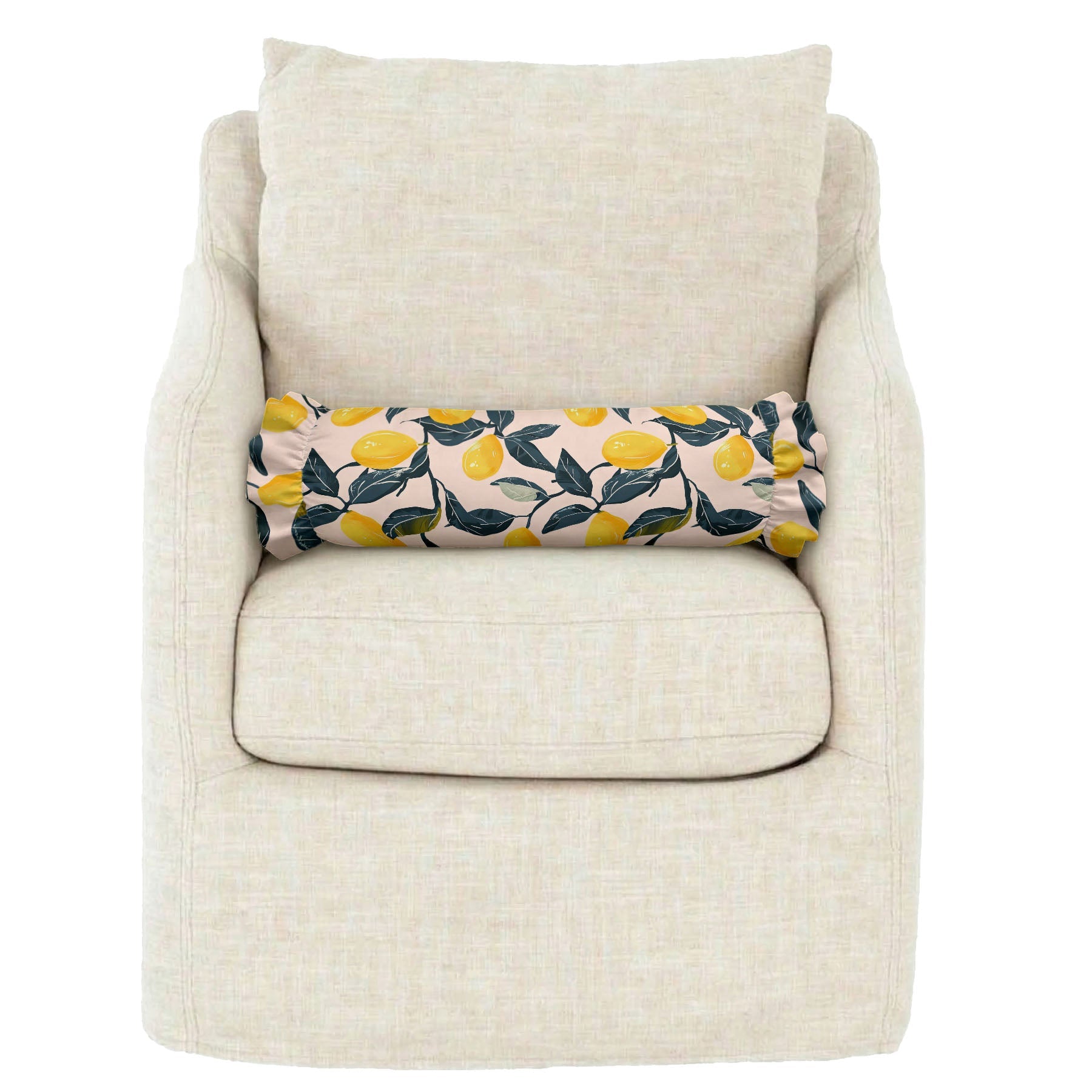 Beige armchair with a decorative pillow featuring lemon pattern on a white background