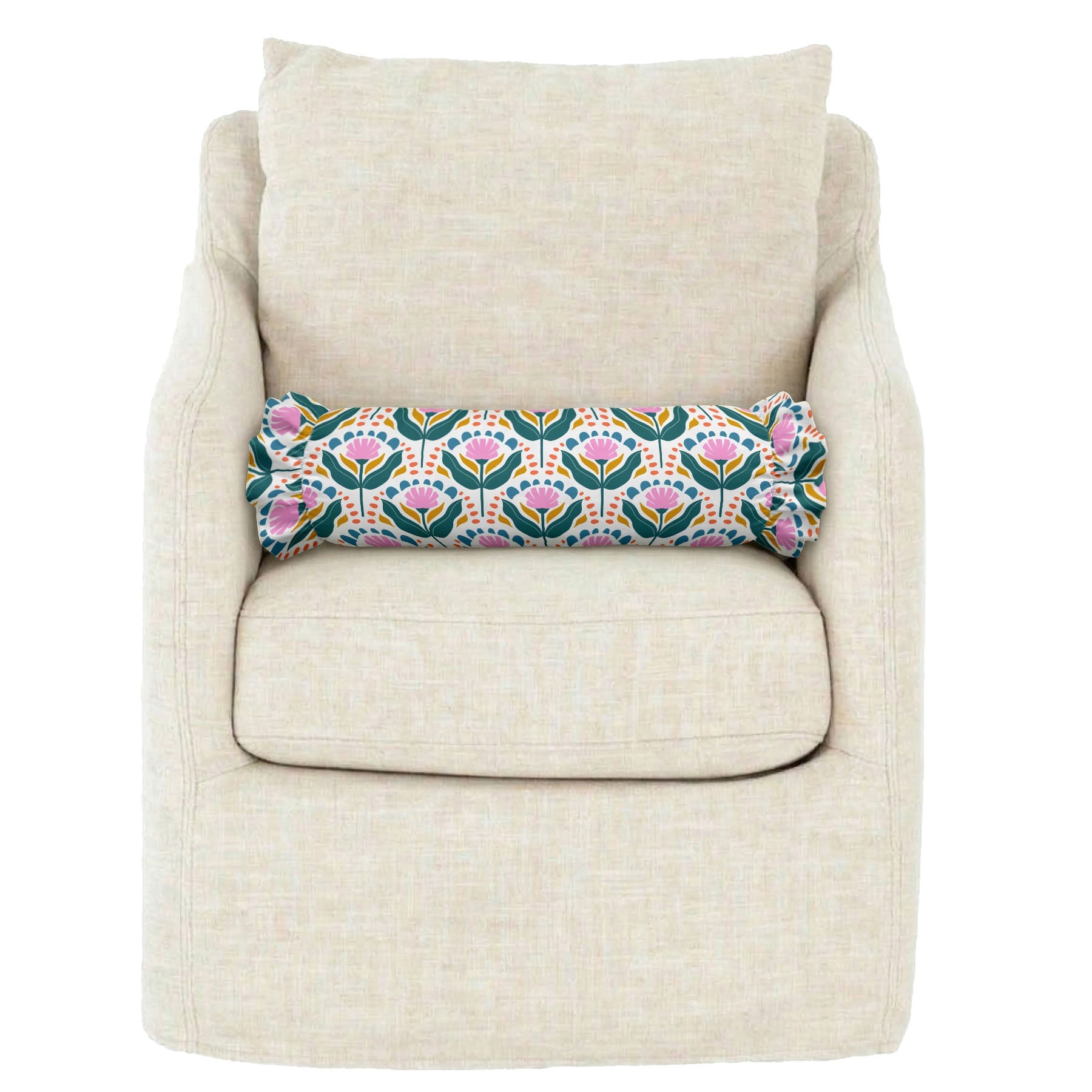 Decorative floral pillow on a beige armchair against a white background