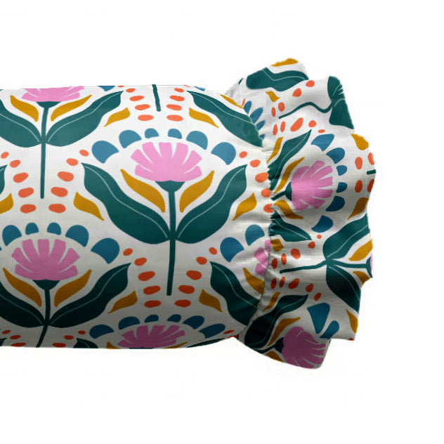 Floral patterned fitted sheet with colorful flowers on a white background