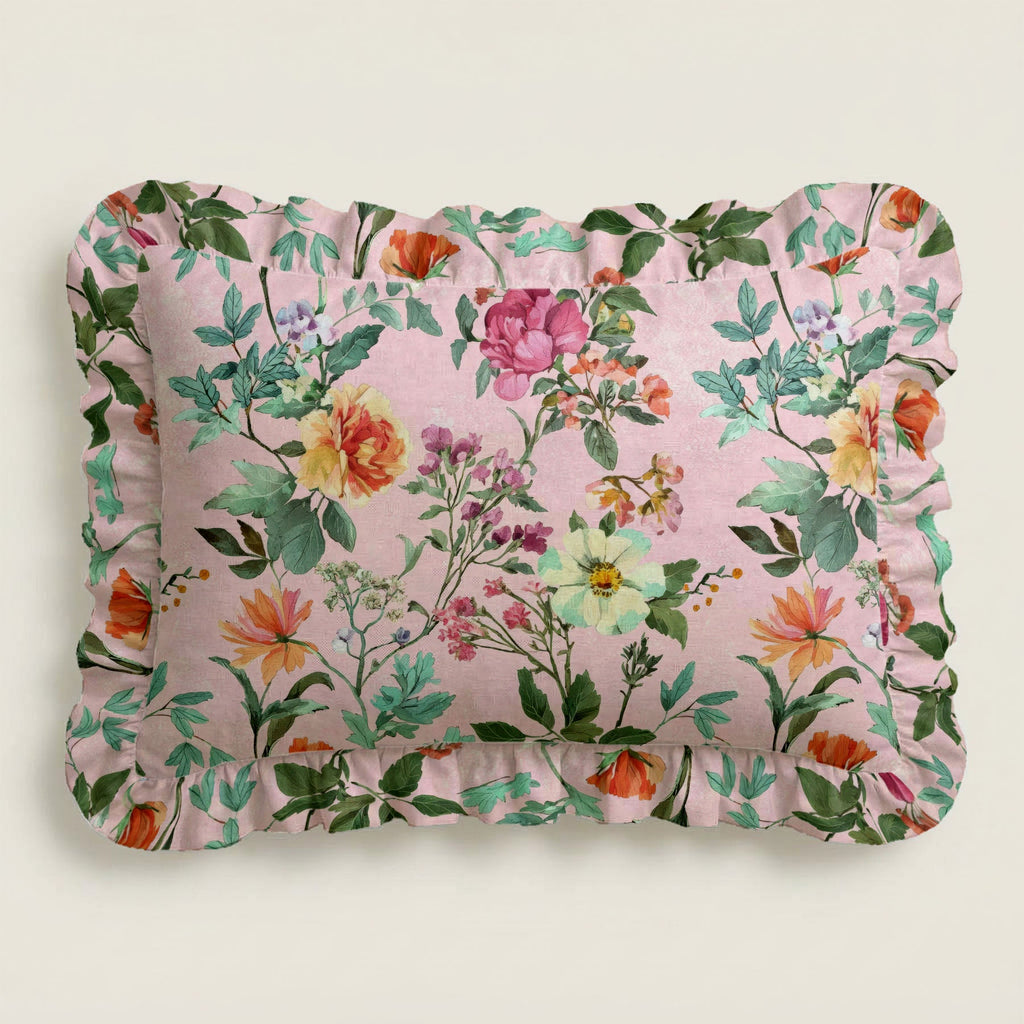 Floral-patterned pillow on a light background