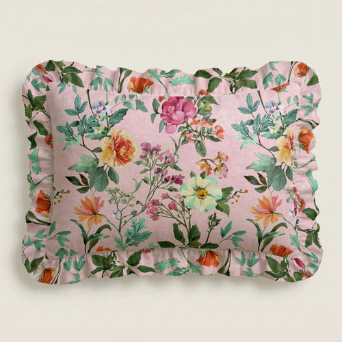 Floral-patterned pillow on a light background