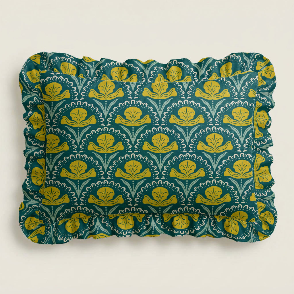 Fabric swatch with green and yellow floral pattern on a white background