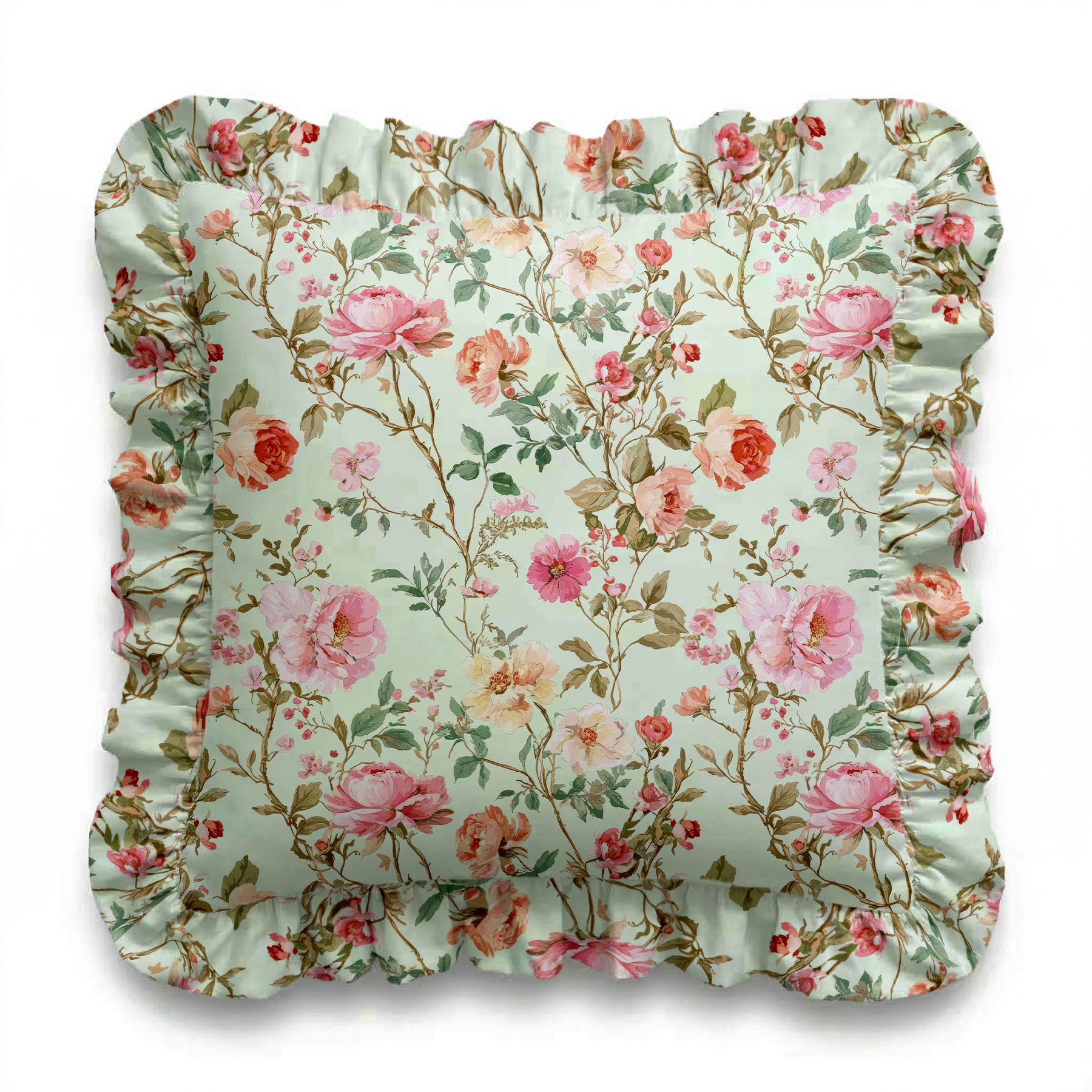 Rosie floral patterned square pillow with ruffled edge on a light background