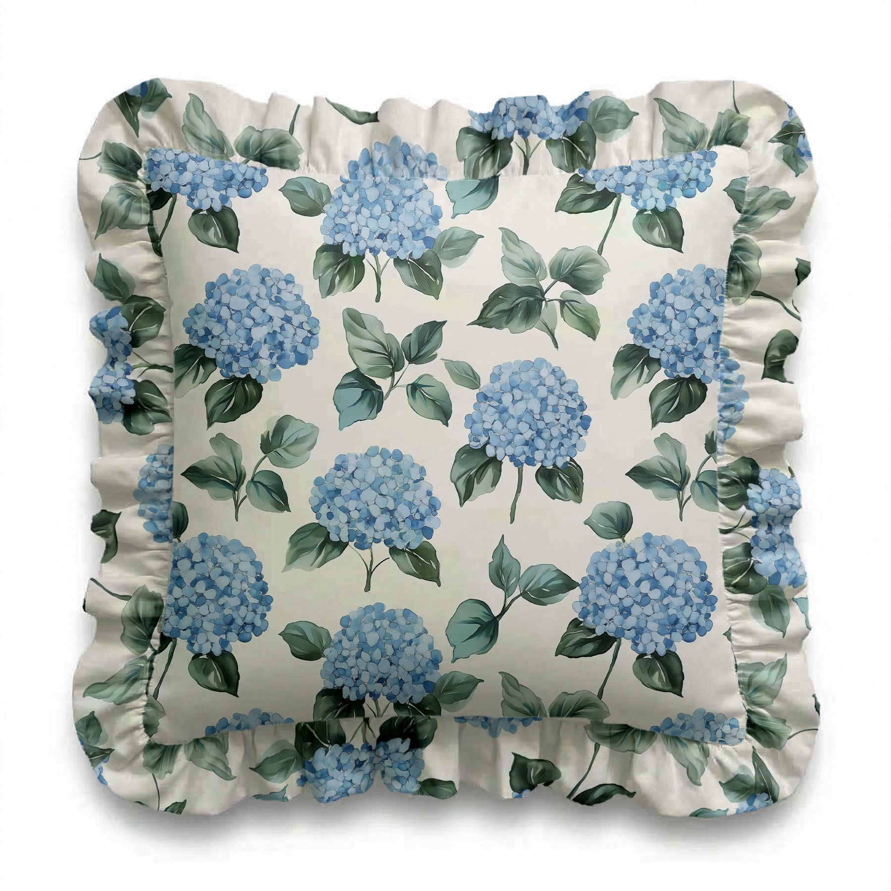Decorative pillow with blue hydrangea floral pattern on a white background