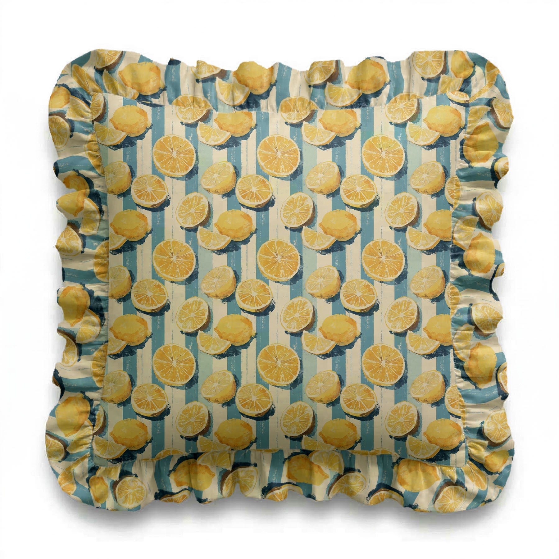 Decorative pillow with lemon pattern on a white background